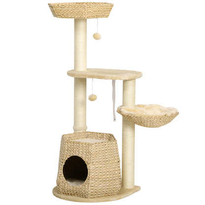 Cat Tree Climbing Scratcher for Cat 119 cm Height Reinforced Columns with Hiding Spot Hammock 2 Hanging Balls