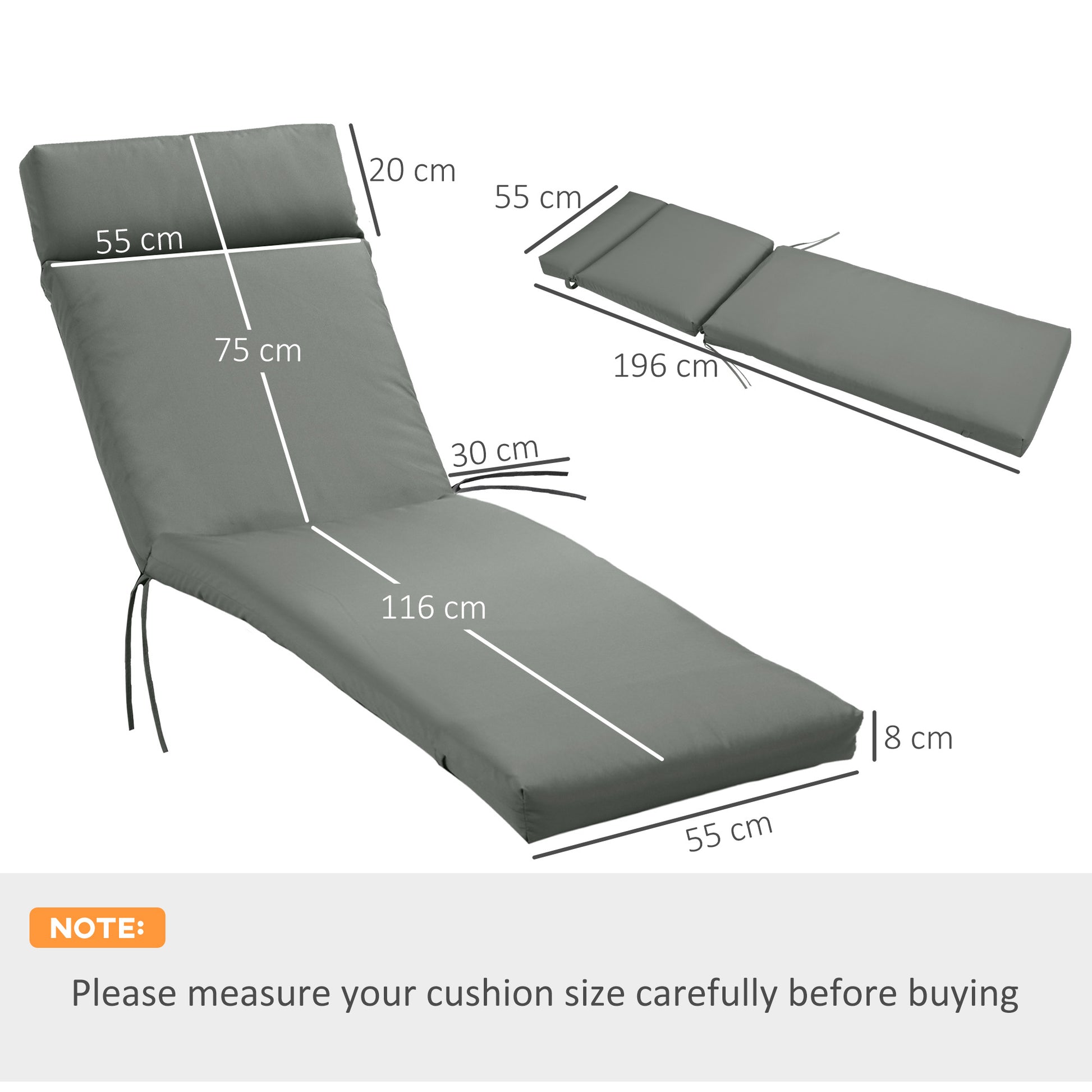 Sun Lounger Cushion Sun Lounger Pad Garden Lounger Padding Cover Polyester Dark Gray 196 x 55 x 8 cm