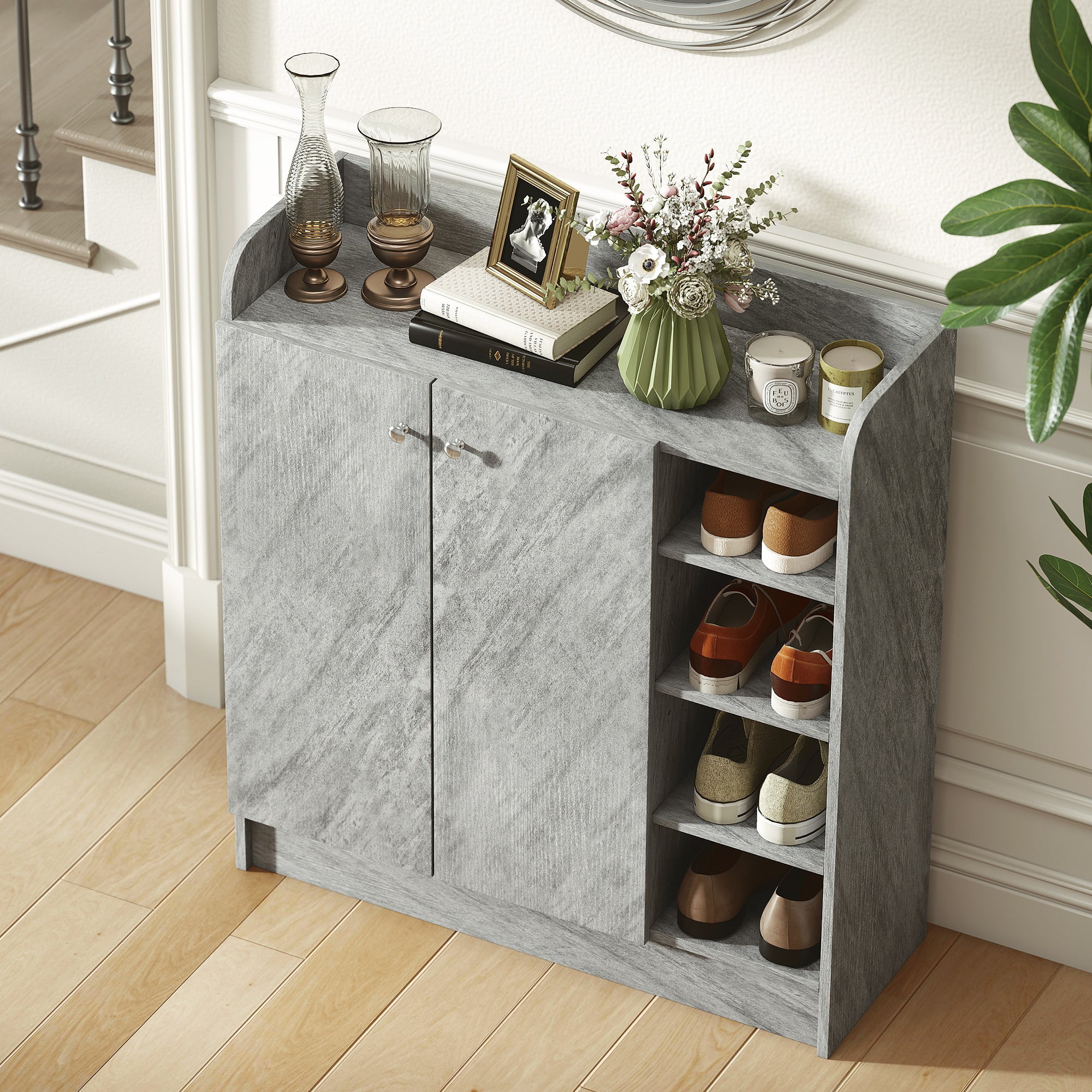 Shoe Cabinet with 4 Compartments – Holds 12 Pairs, 83 x 30 x 90 cm (Gray)