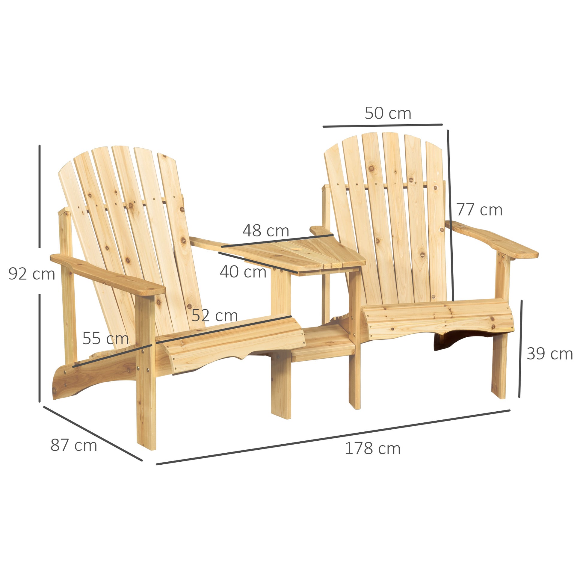 Adirondack Garden Chair with Table and Umbrella Hole 2 Seater Garden Armchair Set Patio Furniture for Balcony Solid Wood Natural 178 x 87 x 92 cm
