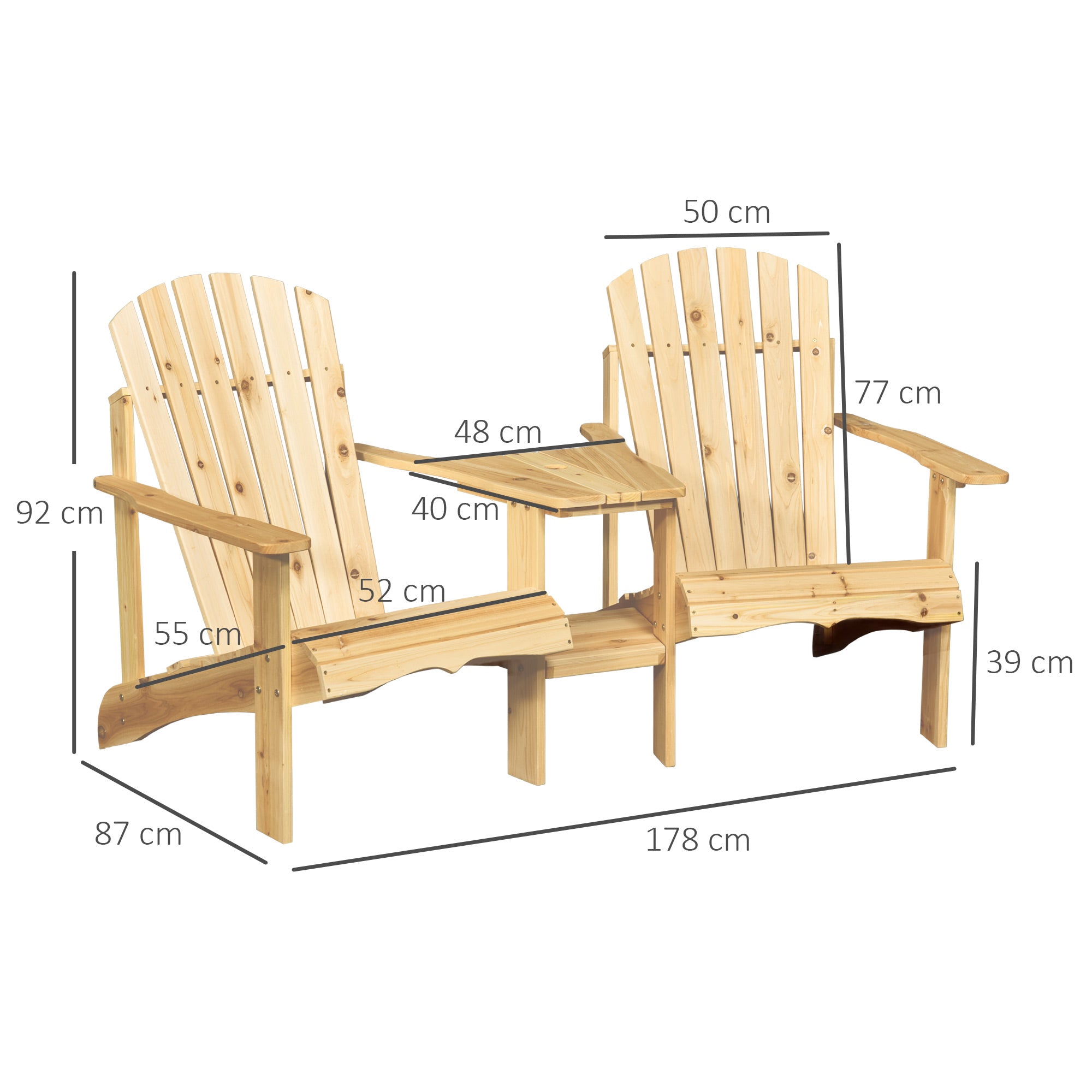 Adirondack Garden Chair with Table and Umbrella Hole 2 Seater Garden Armchair Set Patio Furniture for Balcony Solid Wood Natural 178 x 87 x 92 cm