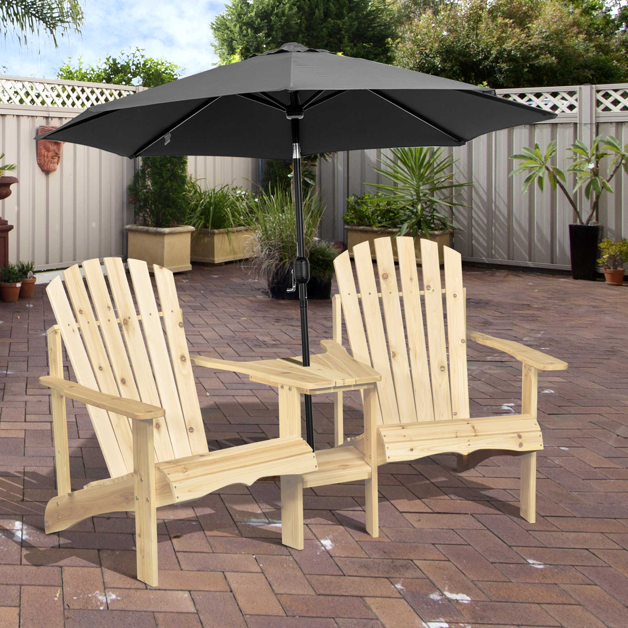 Adirondack Garden Chair with Table and Umbrella Hole 2 Seater Garden Armchair Set Patio Furniture for Balcony Solid Wood Natural 178 x 87 x 92 cm
