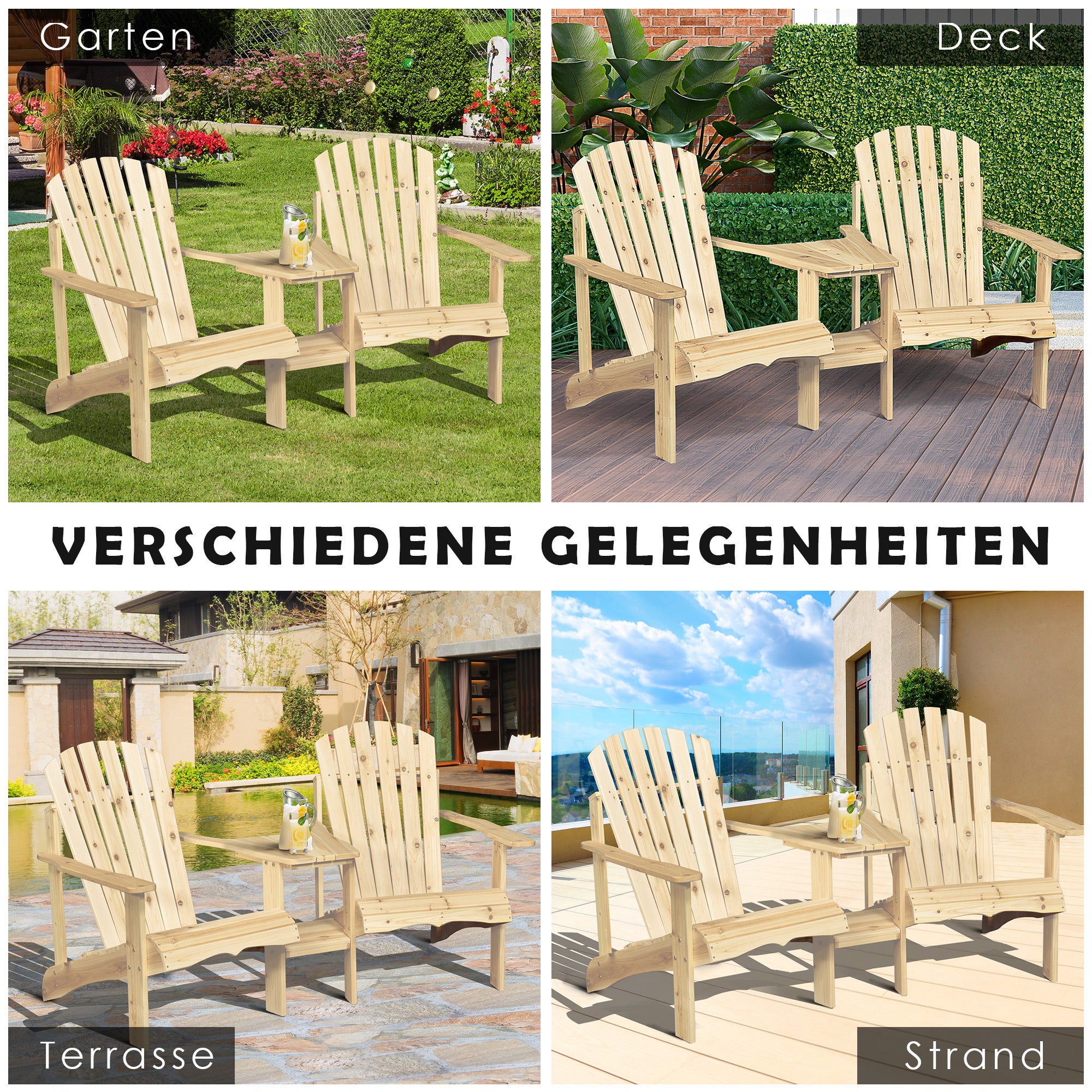Adirondack Garden Chair with Table and Umbrella Hole 2 Seater Garden Armchair Set Patio Furniture for Balcony Solid Wood Natural 178 x 87 x 92 cm
