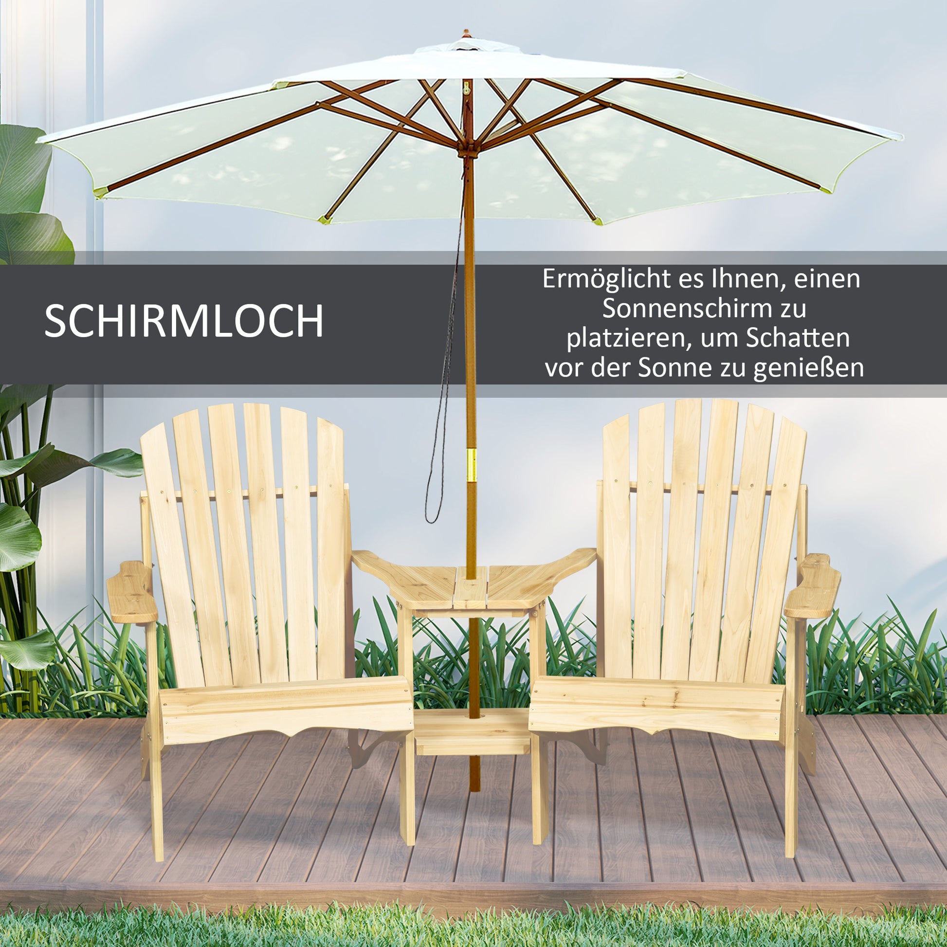 Adirondack Garden Chair with Table and Umbrella Hole 2 Seater Garden Armchair Set Patio Furniture for Balcony Solid Wood Natural 178 x 87 x 92 cm
