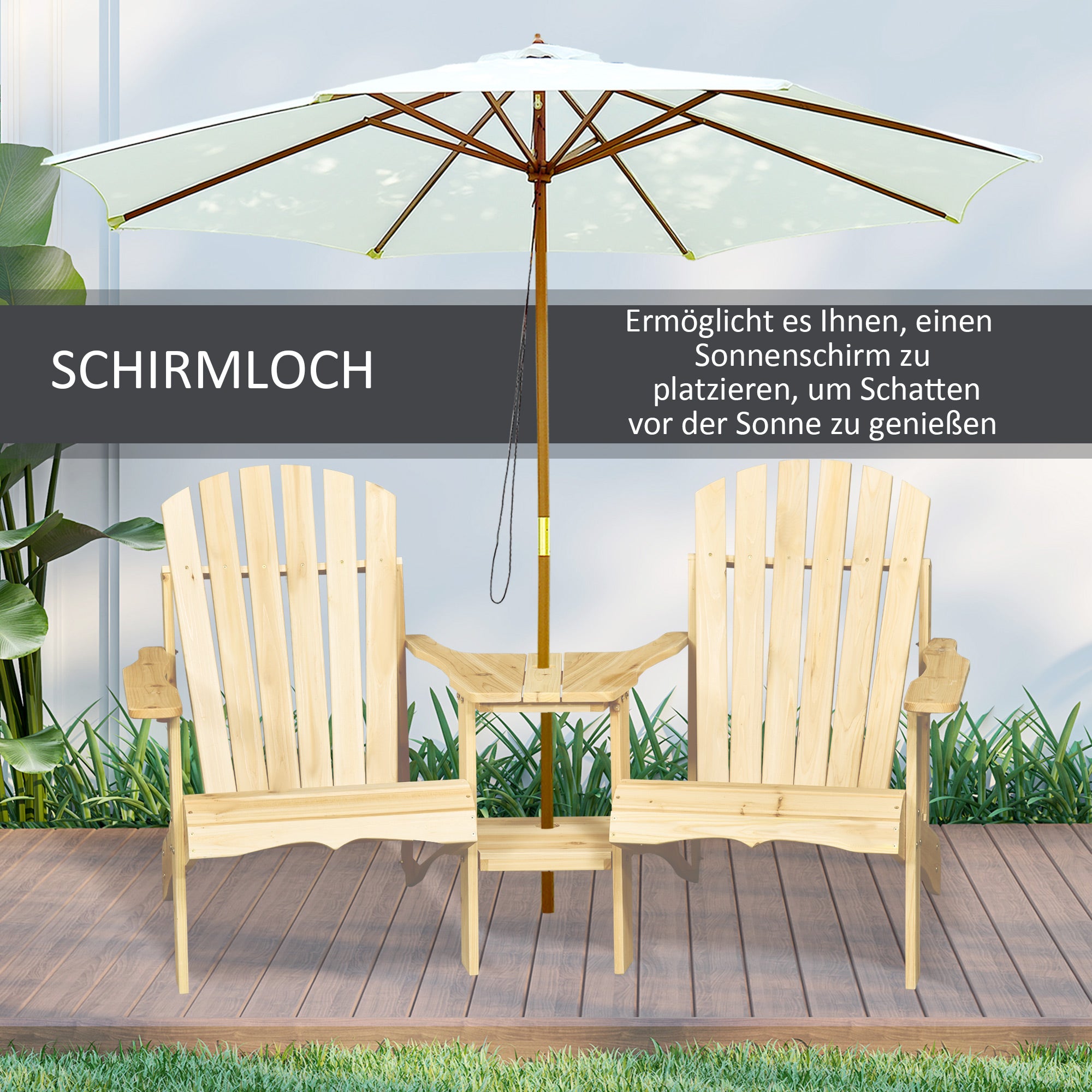 Adirondack Garden Chair with Table and Umbrella Hole 2 Seater Garden Armchair Set Patio Furniture for Balcony Solid Wood Natural 178 x 87 x 92 cm