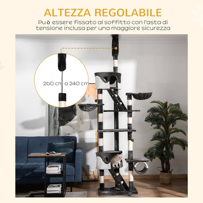 Ceiling Cat Scratching Post with Adjustable Height 240-260cm, Multi-Level Cat Scratching Tree with Shelters, Hammocks, Stairs, Sisal Ropes, Dark Grey and White