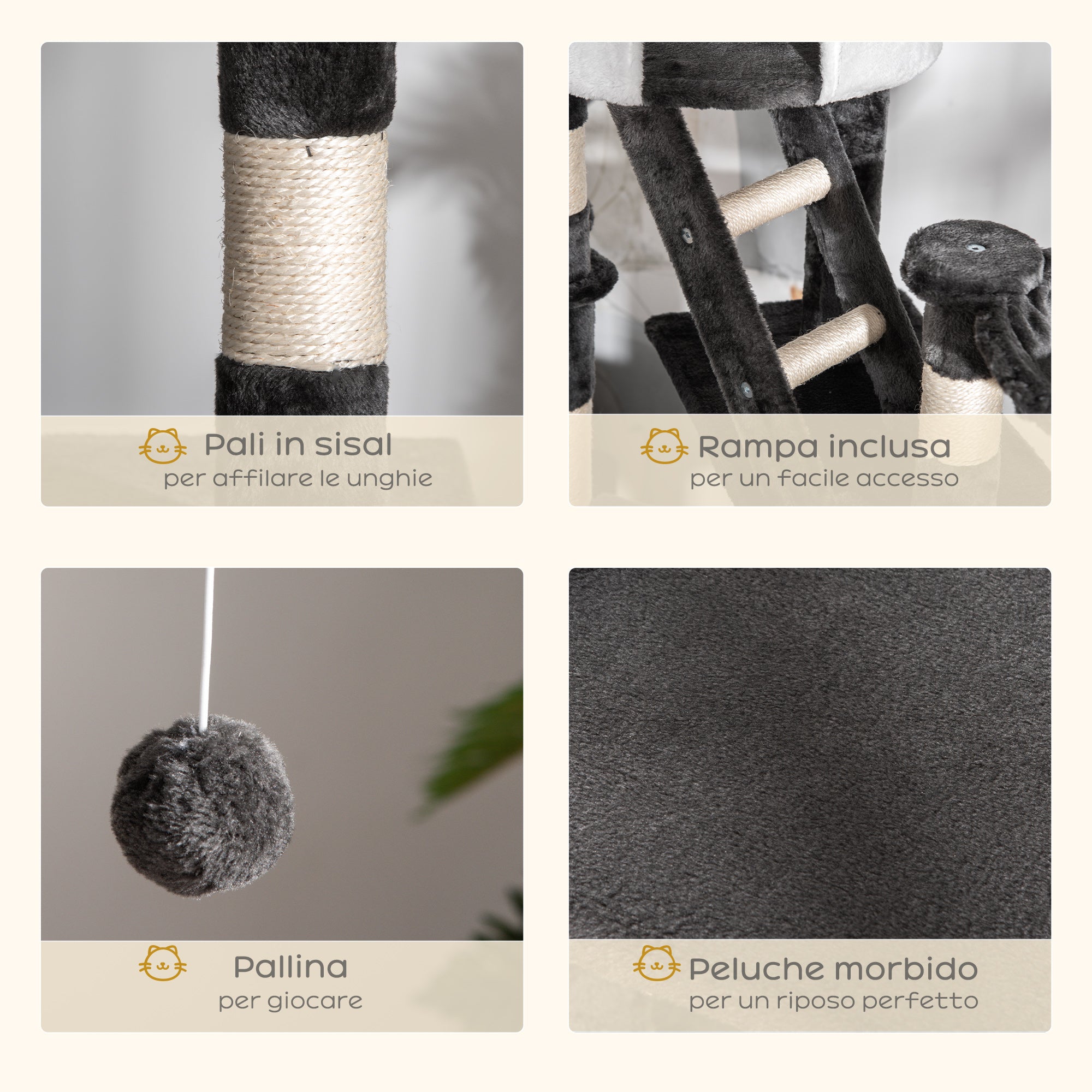 Ceiling Cat Scratching Post with Adjustable Height 240-260cm, Multi-Level Cat Scratching Tree with Shelters, Hammocks, Stairs, Sisal Ropes, Dark Grey and White
