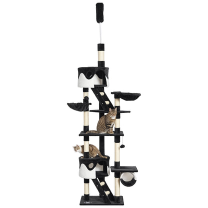 Ceiling Cat Scratching Post with Adjustable Height 240-260cm, Multi-Level Cat Scratching Tree with Shelters, Hammocks, Stairs, Sisal Ropes, Dark Grey and White