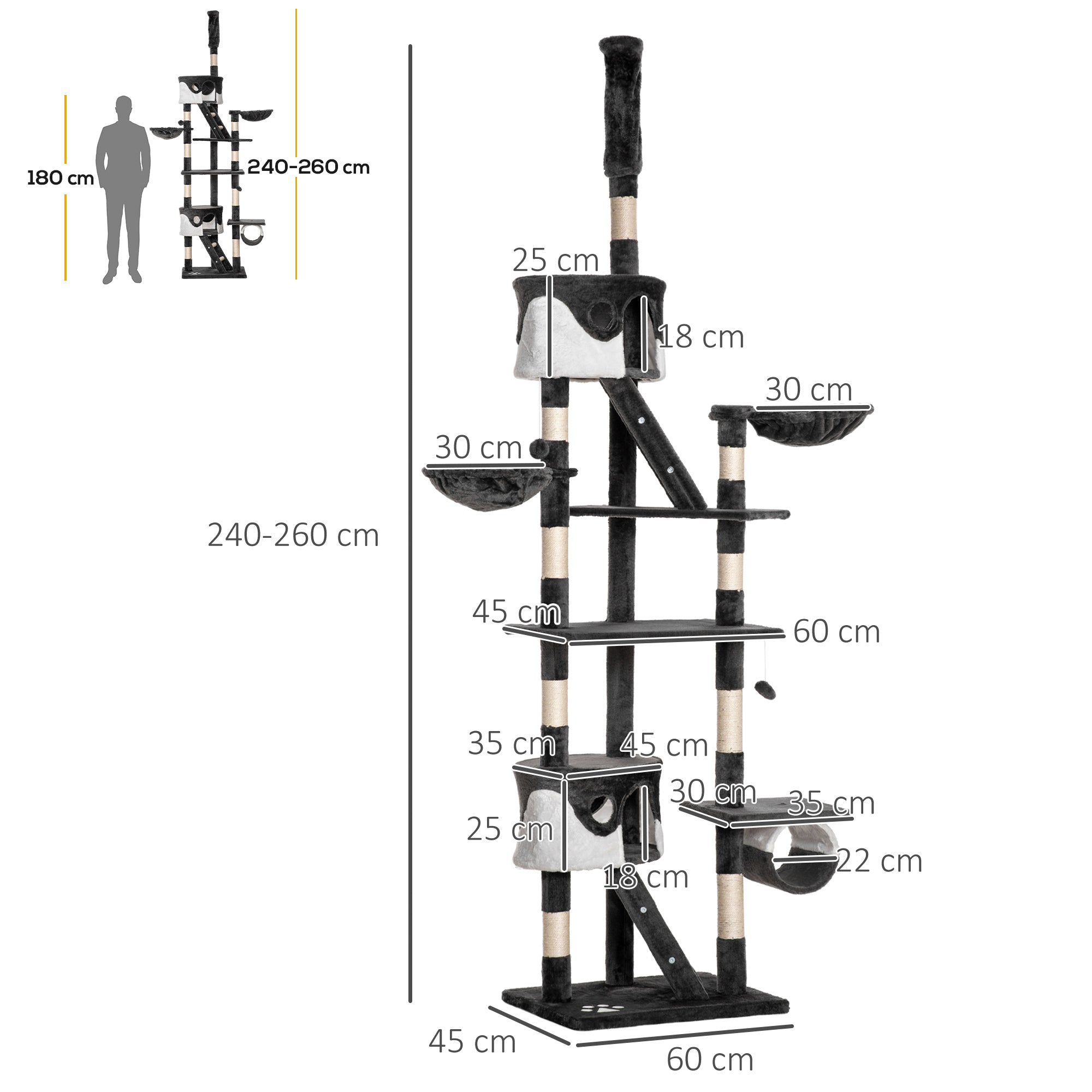 Ceiling Cat Scratching Post with Adjustable Height 240-260cm, Multi-Level Cat Scratching Tree with Shelters, Hammocks, Stairs, Sisal Ropes, Dark Grey and White