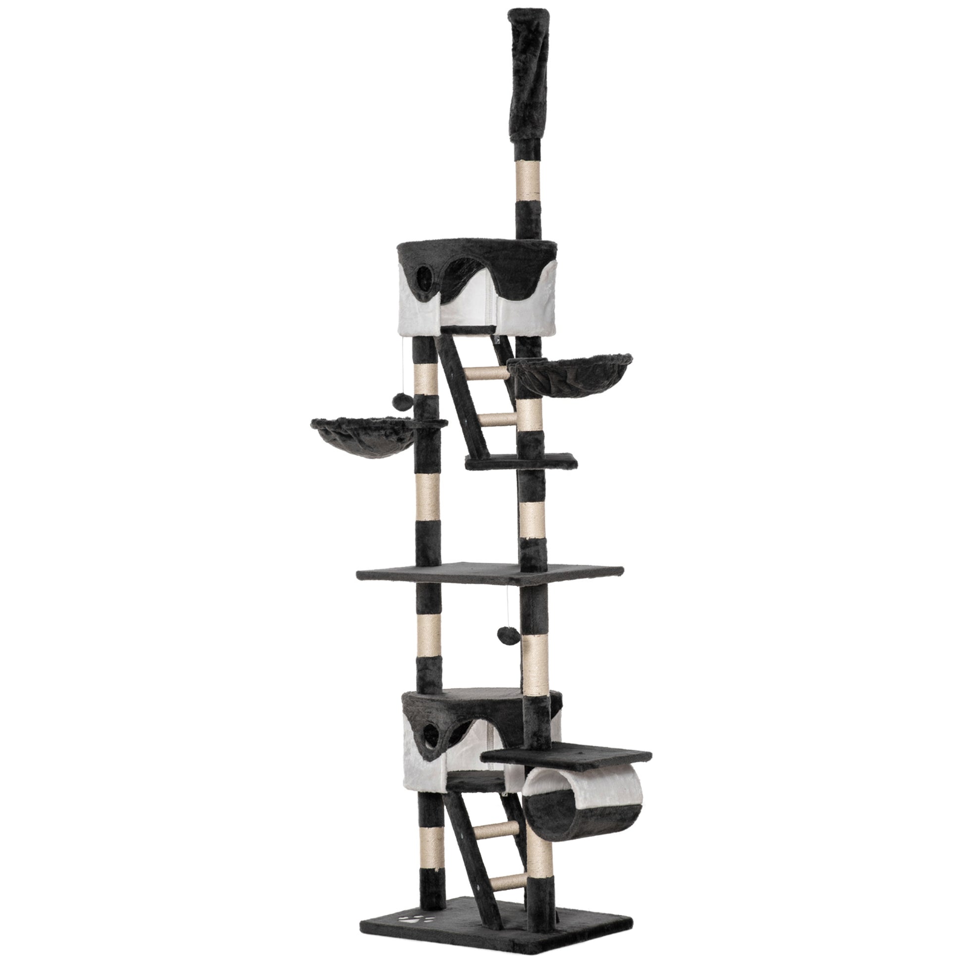 Ceiling Cat Scratching Post with Adjustable Height 240-260cm, Multi-Level Cat Scratching Tree with Shelters, Hammocks, Stairs, Sisal Ropes, Dark Grey and White