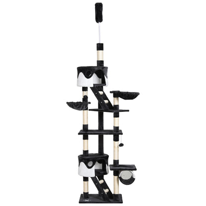 Ceiling Cat Scratching Post with Adjustable Height 240-260cm, Multi-Level Cat Scratching Tree with Shelters, Hammocks, Stairs, Sisal Ropes, Dark Grey and White