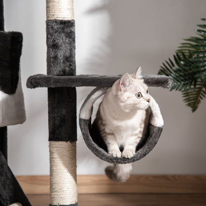 Ceiling Cat Scratching Post with Adjustable Height 240-260cm, Multi-Level Cat Scratching Tree with Shelters, Hammocks, Stairs, Sisal Ropes, Dark Grey and White