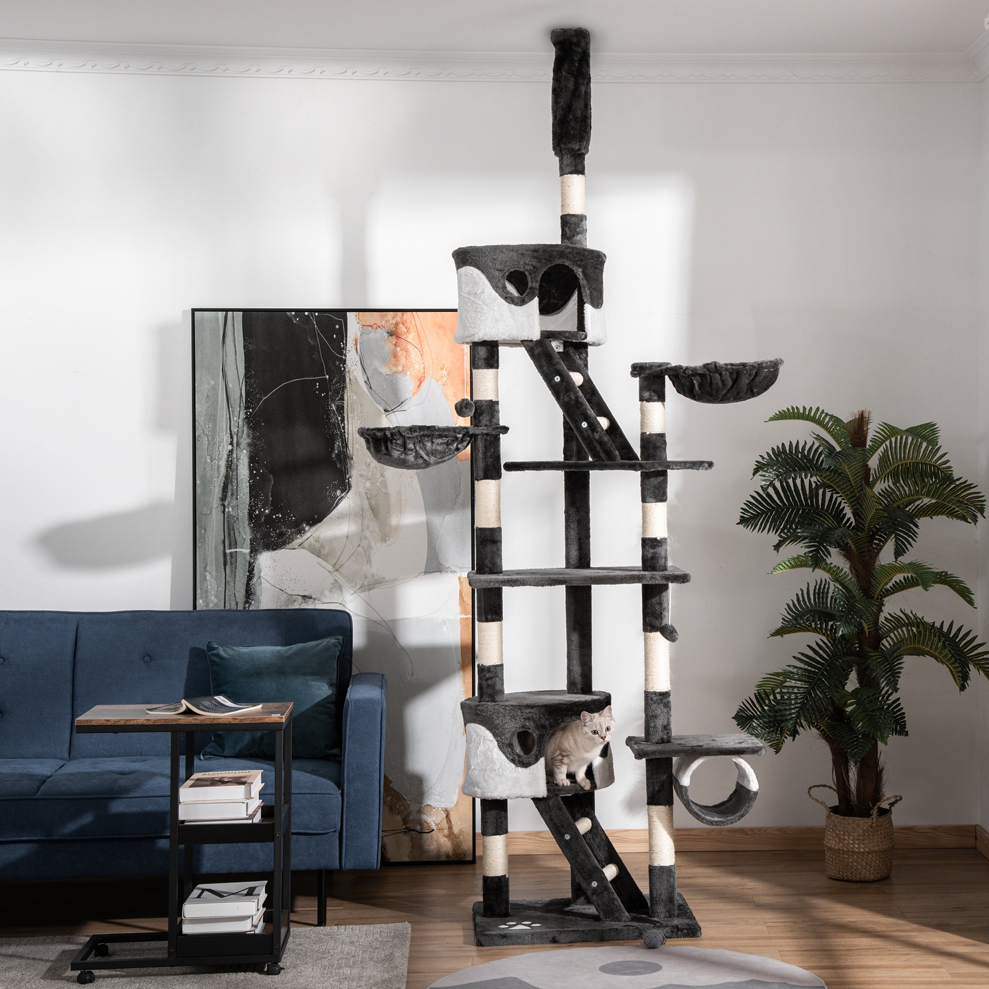 Ceiling Cat Scratching Post with Adjustable Height 240-260cm, Multi-Level Cat Scratching Tree with Shelters, Hammocks, Stairs, Sisal Ropes, Dark Grey and White