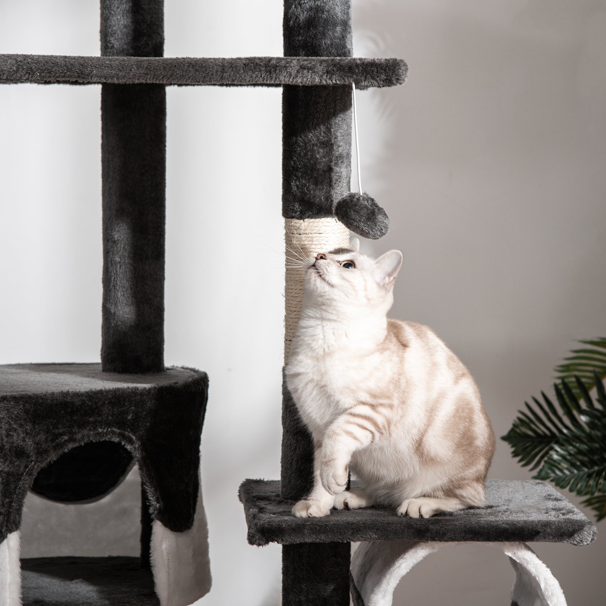 Ceiling Cat Scratching Post with Adjustable Height 240-260cm, Multi-Level Cat Scratching Tree with Shelters, Hammocks, Stairs, Sisal Ropes, Dark Grey and White