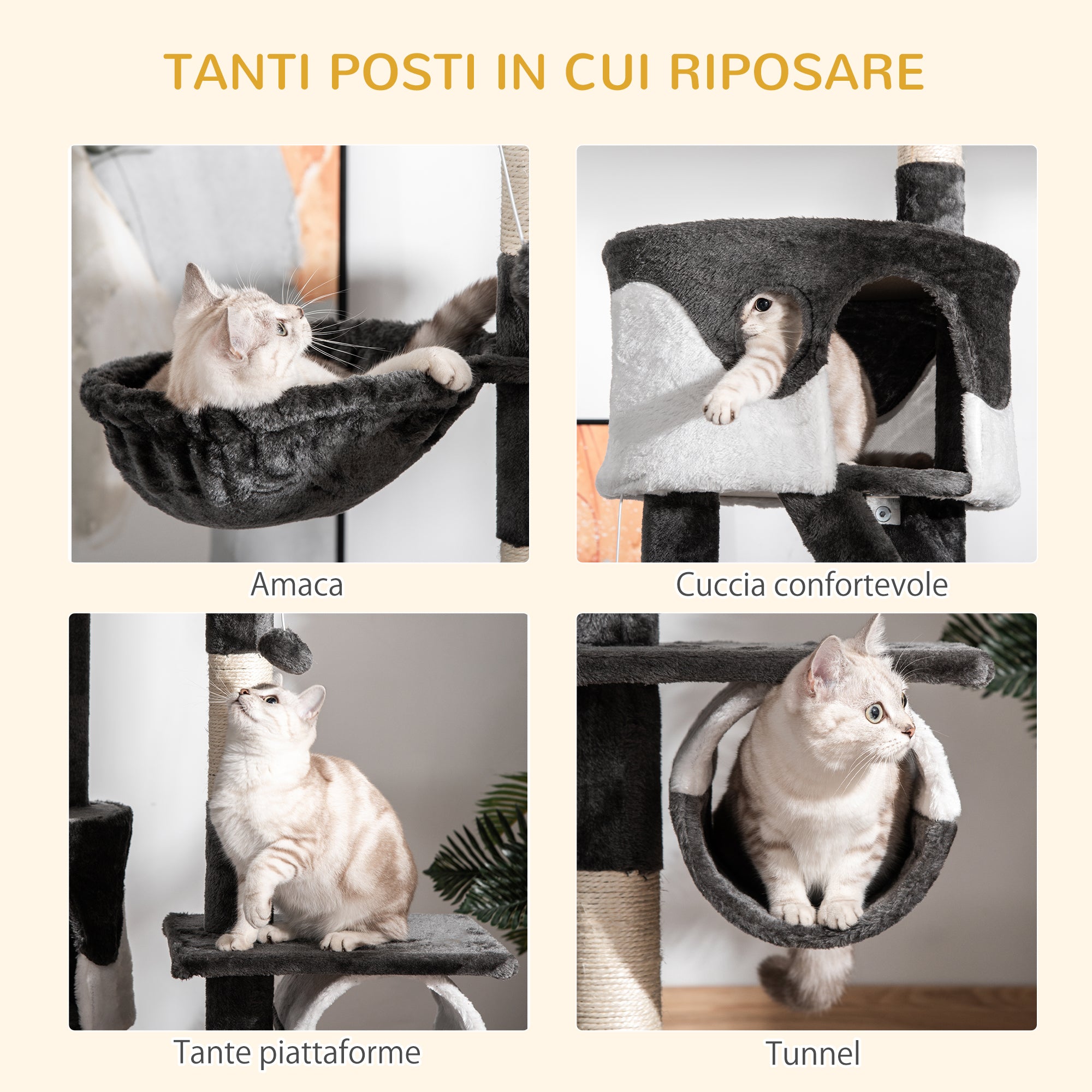 Ceiling Cat Scratching Post with Adjustable Height 240-260cm, Multi-Level Cat Scratching Tree with Shelters, Hammocks, Stairs, Sisal Ropes, Dark Grey and White