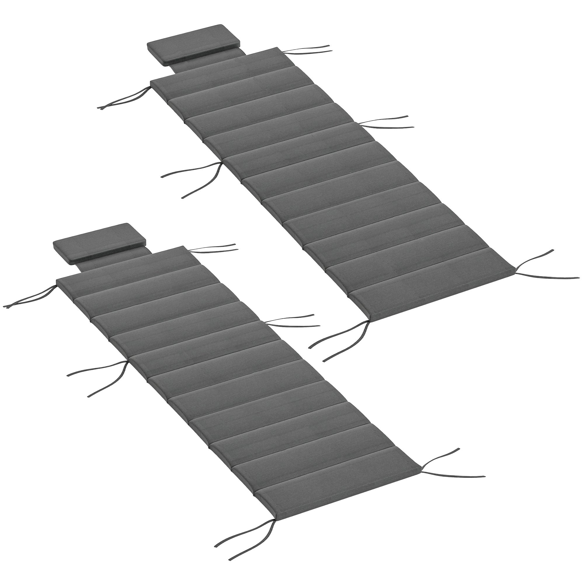 Pack of 2 Cushions for Folding Lounge Chairs Garden Sun Lounger Pads 203x66x3 cm with Headrest and Strap Fasteners Dark Gray
