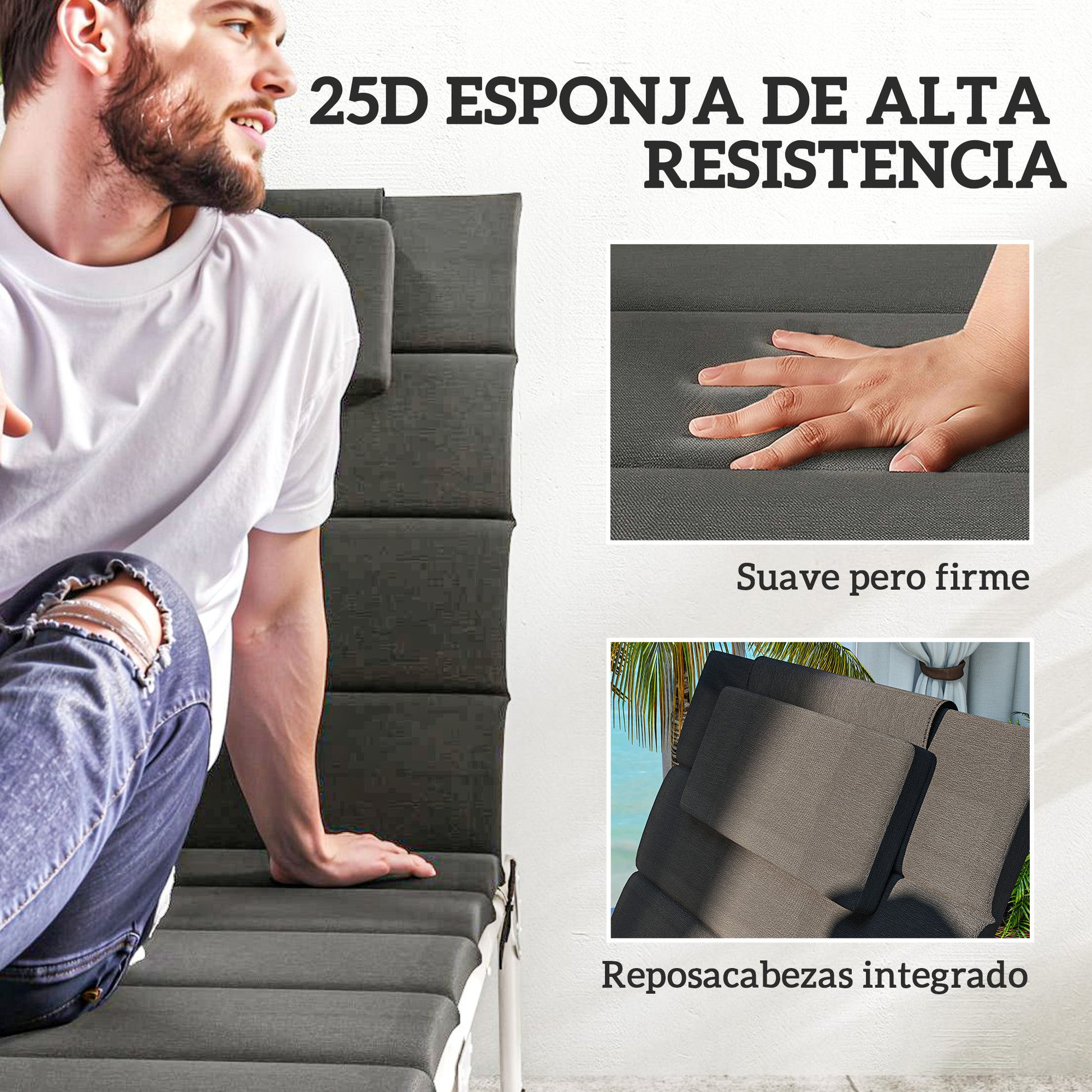 Pack of 2 Cushions for Folding Lounge Chairs Garden Sun Lounger Pads 203x66x3 cm with Headrest and Strap Fasteners Dark Gray