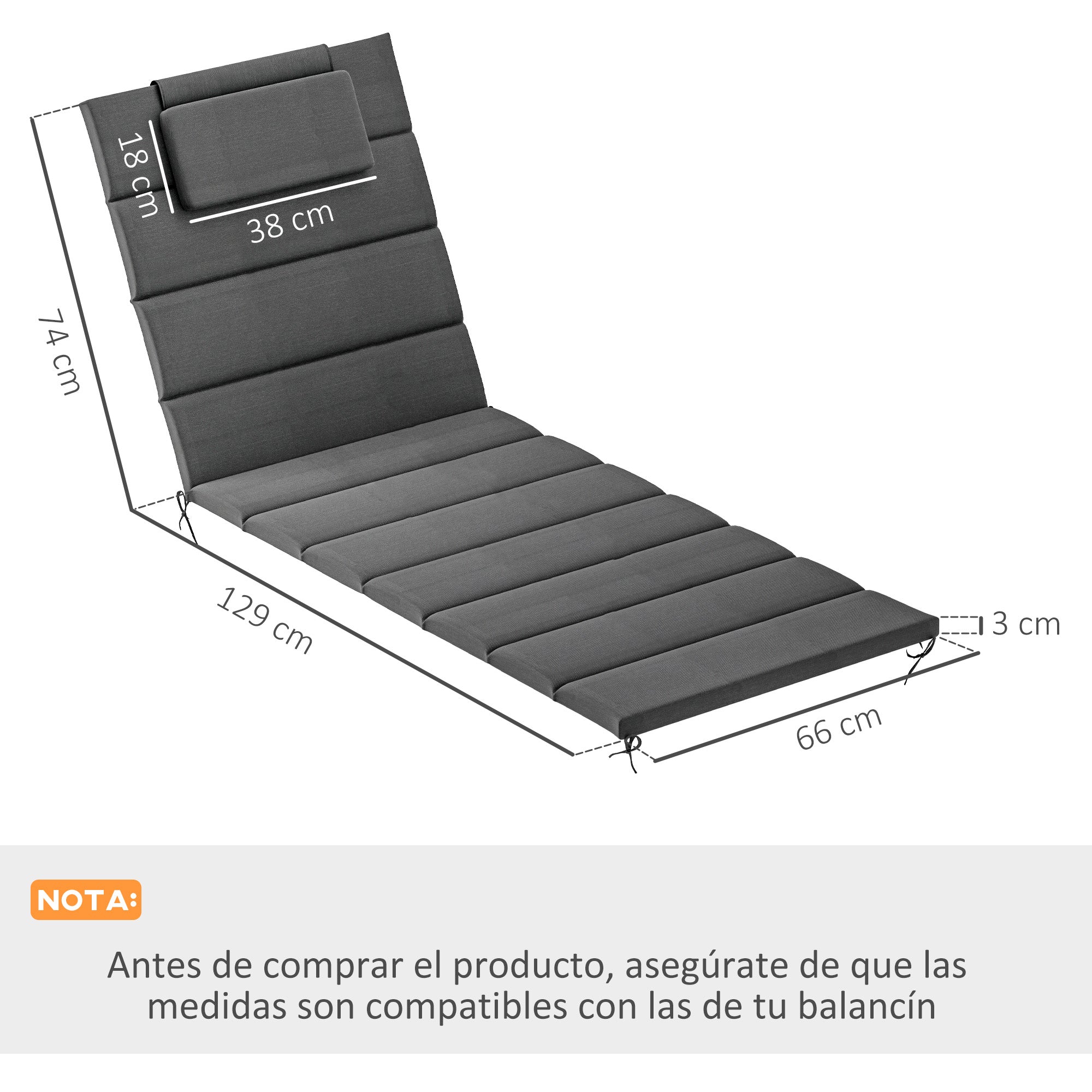Pack of 2 Cushions for Folding Lounge Chairs Garden Sun Lounger Pads 203x66x3 cm with Headrest and Strap Fasteners Dark Gray