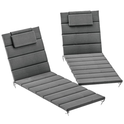 Pack of 2 Cushions for Folding Lounge Chairs Garden Sun Lounger Pads 203x66x3 cm with Headrest and Strap Fasteners Dark Gray