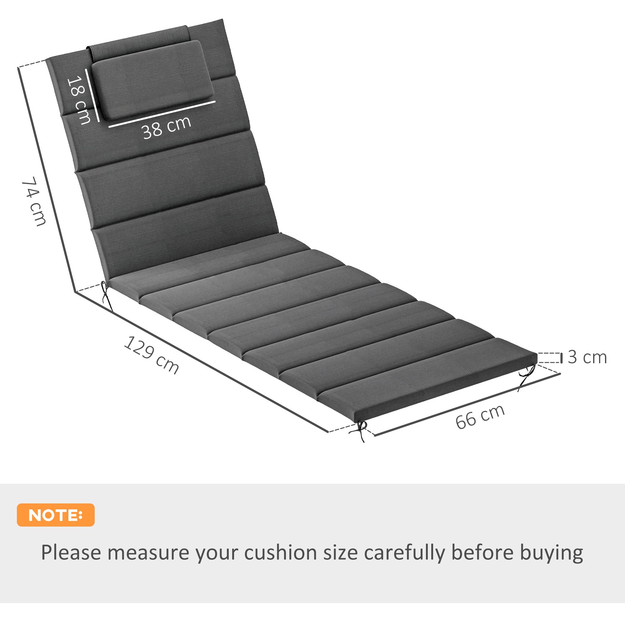Pack of 2 Cushions for Folding Lounge Chairs Garden Sun Lounger Pads 203x66x3 cm with Headrest and Strap Fasteners Dark Gray