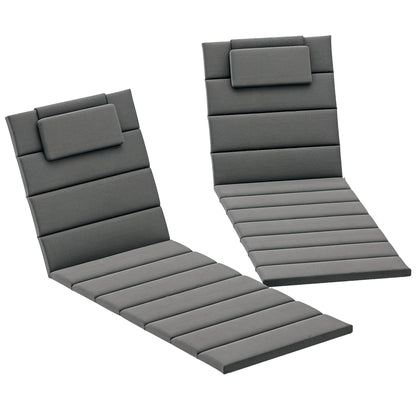 Pack of 2 Cushions for Folding Lounge Chairs Garden Sun Lounger Pads 203x66x3 cm with Headrest and Strap Fasteners Dark Gray