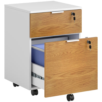 Office Drawer Unit Filing Cabinet Desk Drawer with 4 Wheels 2 Drawers 2 Hanging Bars Lock and 2 Keys for A4 Letter Size Study 42x40x60 cm White and Natural