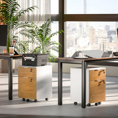 Office Drawer Unit Filing Cabinet Desk Drawer with 4 Wheels 2 Drawers 2 Hanging Bars Lock and 2 Keys for A4 Letter Size Study 42x40x60 cm White and Natural