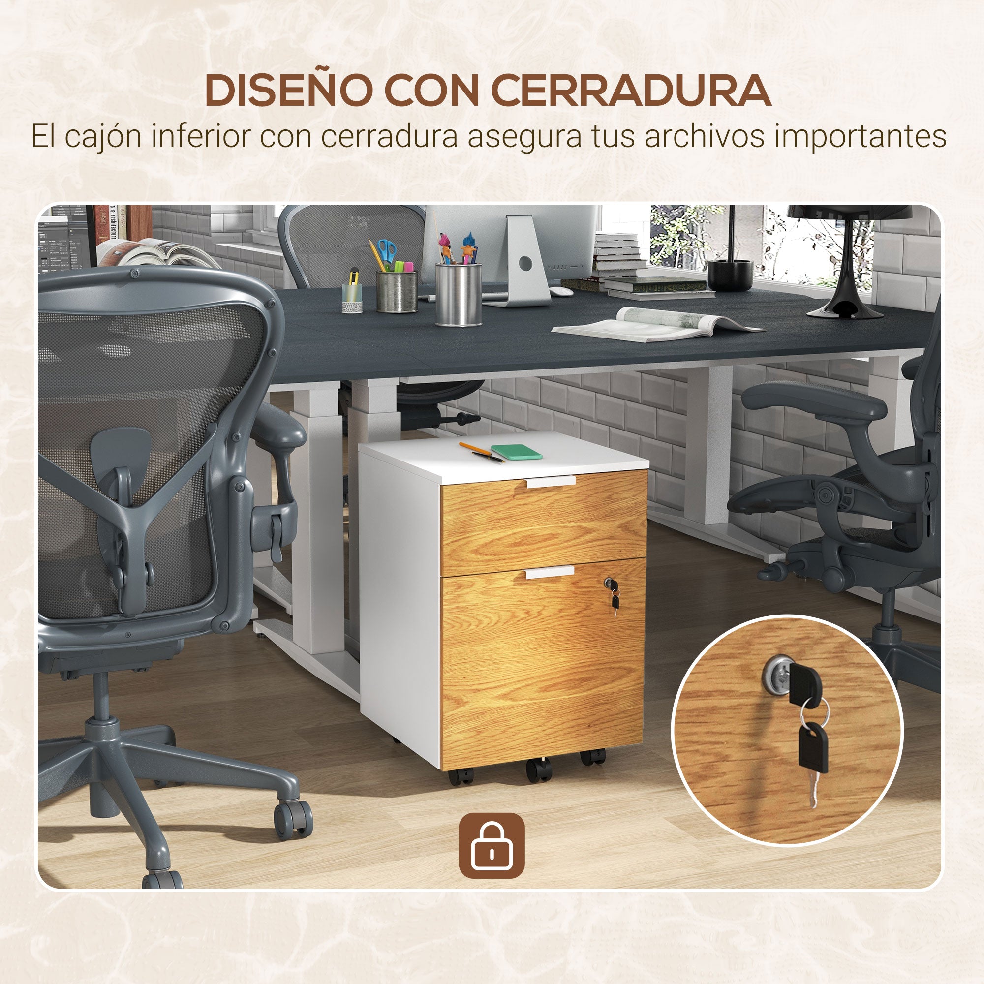 Office Drawer Unit Filing Cabinet Desk Drawer with 4 Wheels 2 Drawers 2 Hanging Bars Lock and 2 Keys for A4 Letter Size Study 42x40x60 cm White and Natural