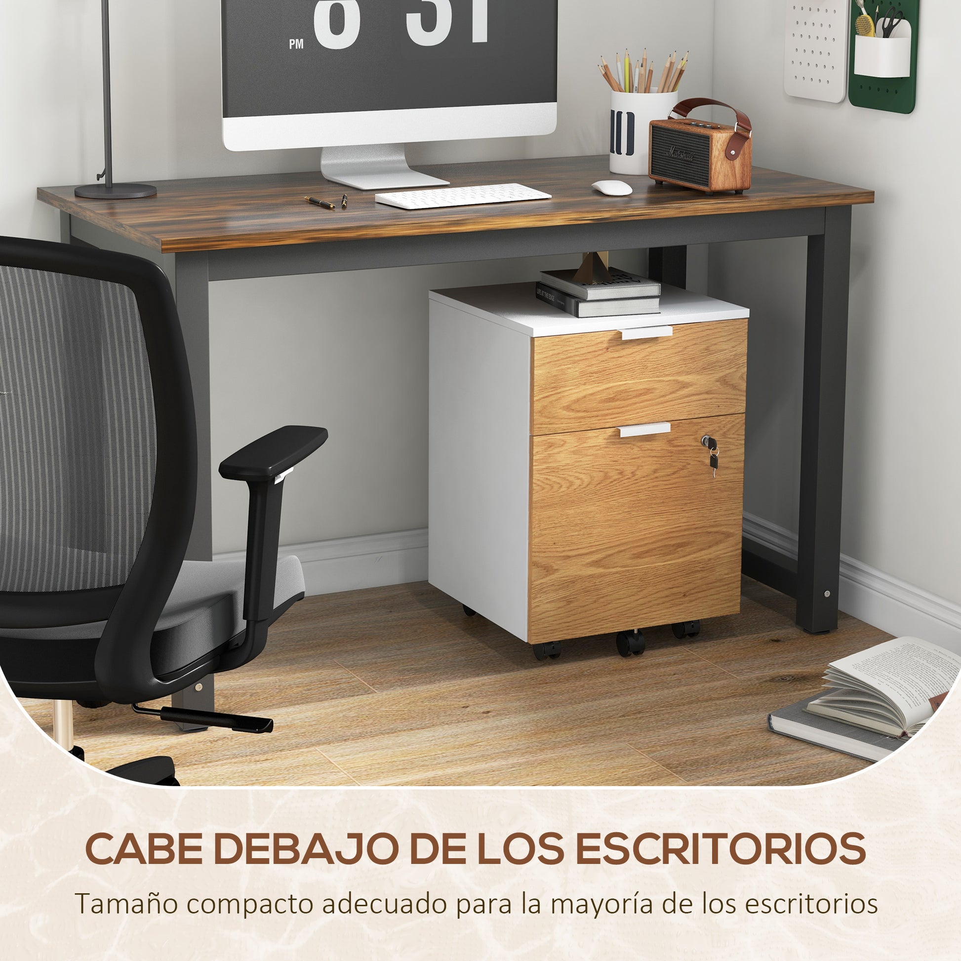 Office Drawer Unit Filing Cabinet Desk Drawer with 4 Wheels 2 Drawers 2 Hanging Bars Lock and 2 Keys for A4 Letter Size Study 42x40x60 cm White and Natural