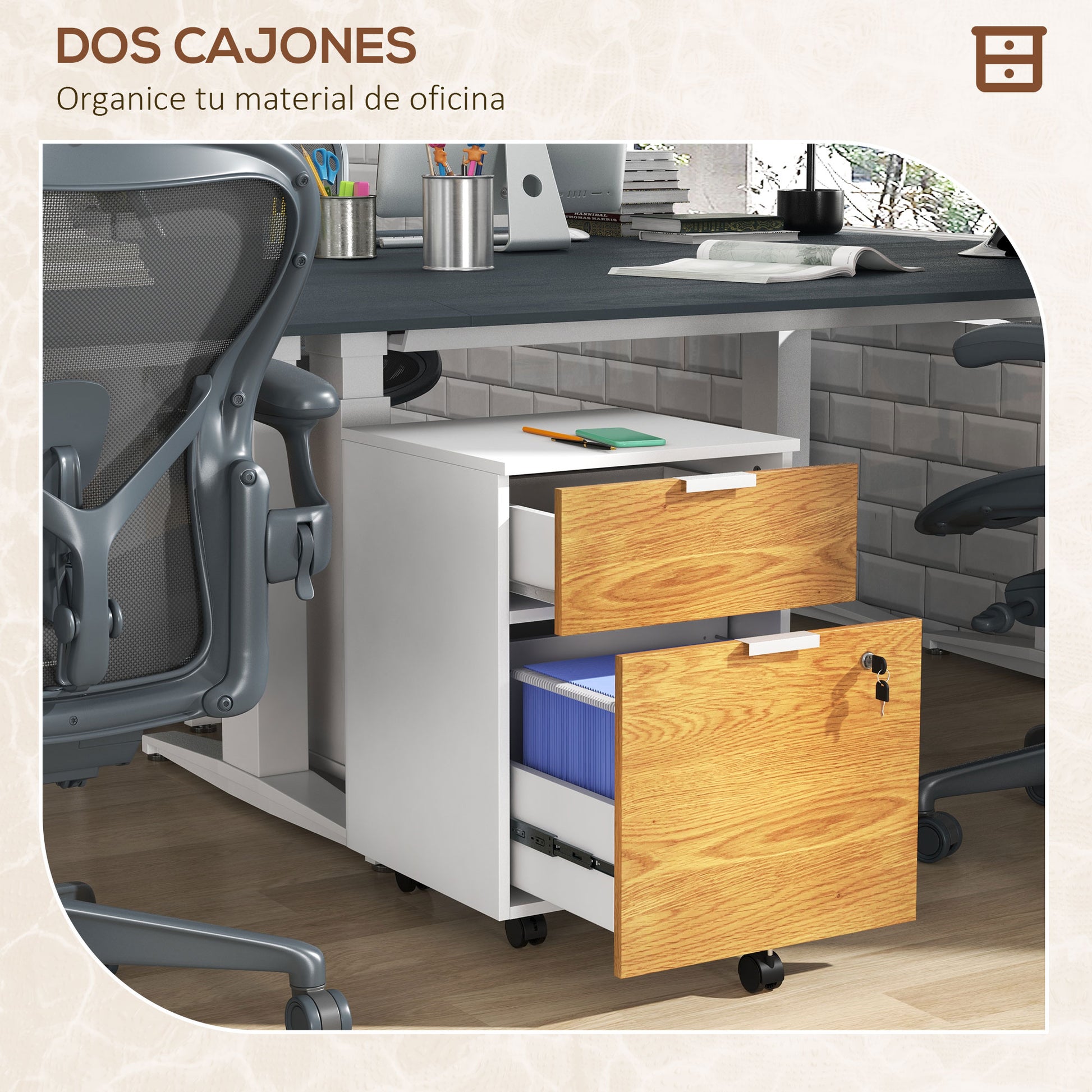 Office Drawer Unit Filing Cabinet Desk Drawer with 4 Wheels 2 Drawers 2 Hanging Bars Lock and 2 Keys for A4 Letter Size Study 42x40x60 cm White and Natural