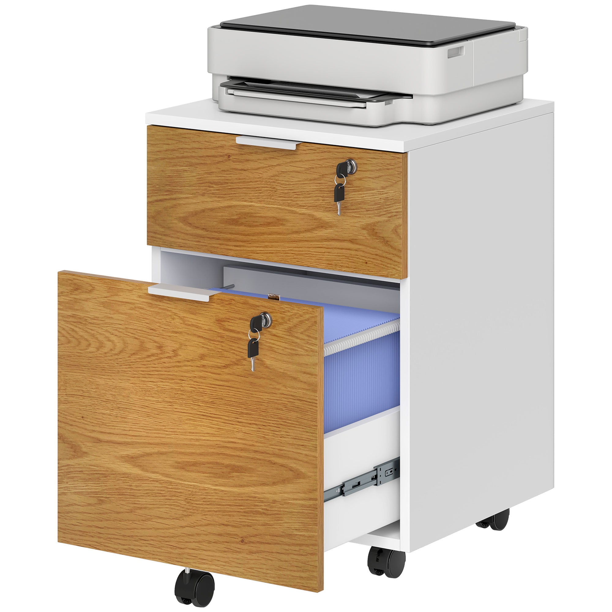 Office Drawer Unit Filing Cabinet Desk Drawer with 4 Wheels 2 Drawers 2 Hanging Bars Lock and 2 Keys for A4 Letter Size Study 42x40x60 cm White and Natural