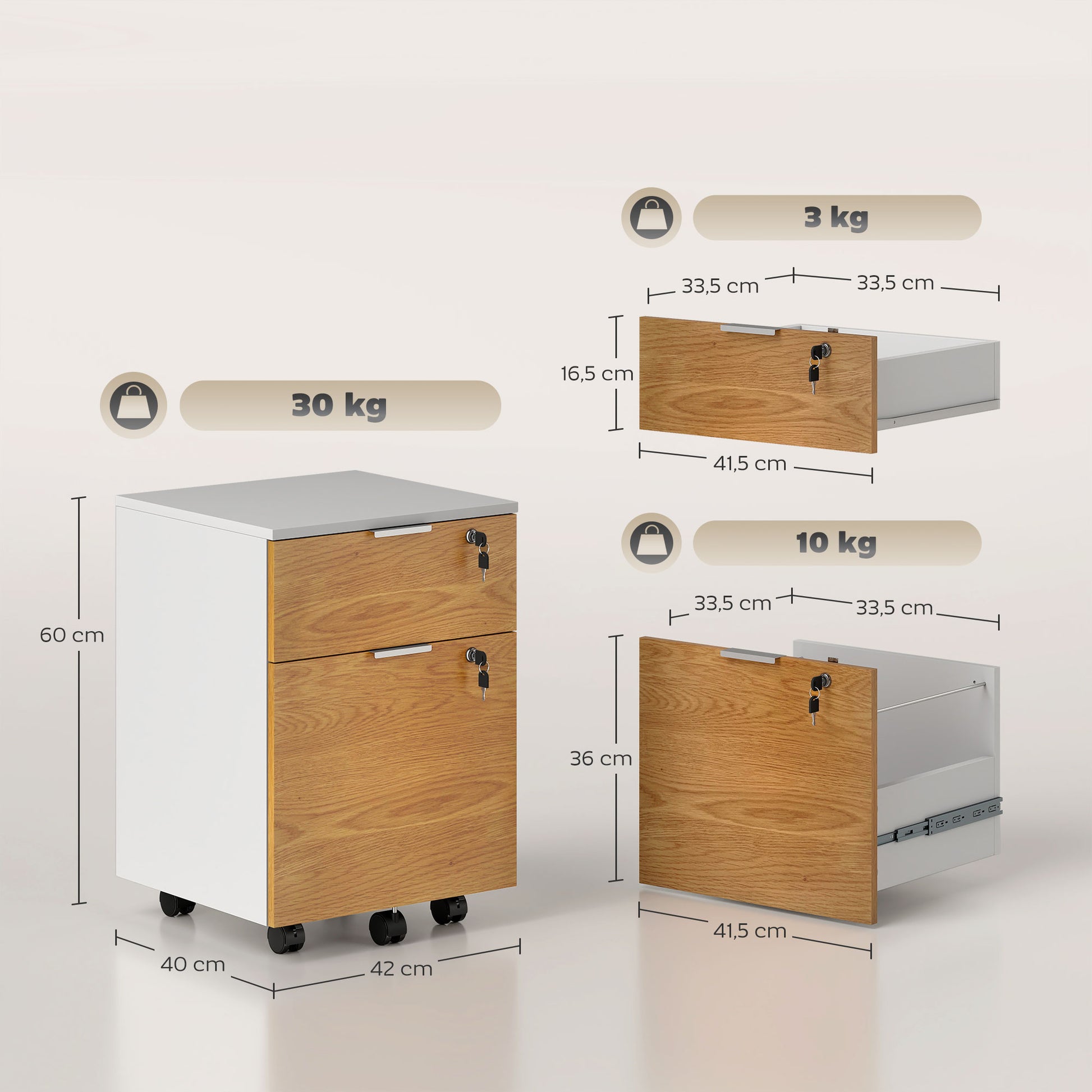 Office Drawer Unit Filing Cabinet Desk Drawer with 4 Wheels 2 Drawers 2 Hanging Bars Lock and 2 Keys for A4 Letter Size Study 42x40x60 cm White and Natural