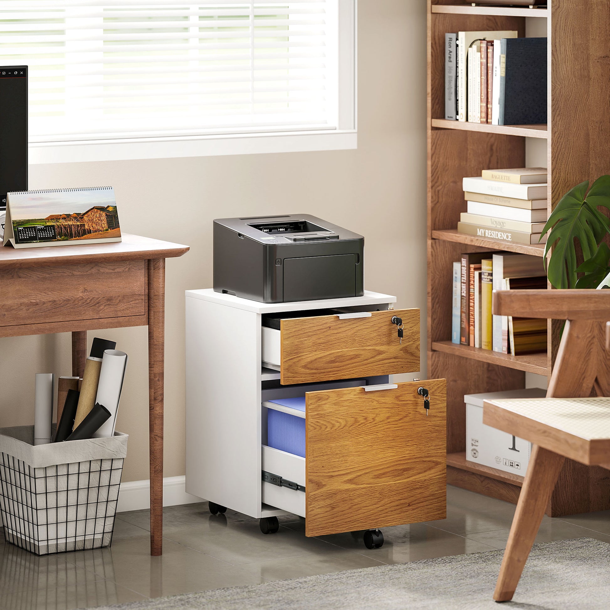 Office Drawer Unit Filing Cabinet Desk Drawer with 4 Wheels 2 Drawers 2 Hanging Bars Lock and 2 Keys for A4 Letter Size Study 42x40x60 cm White and Natural