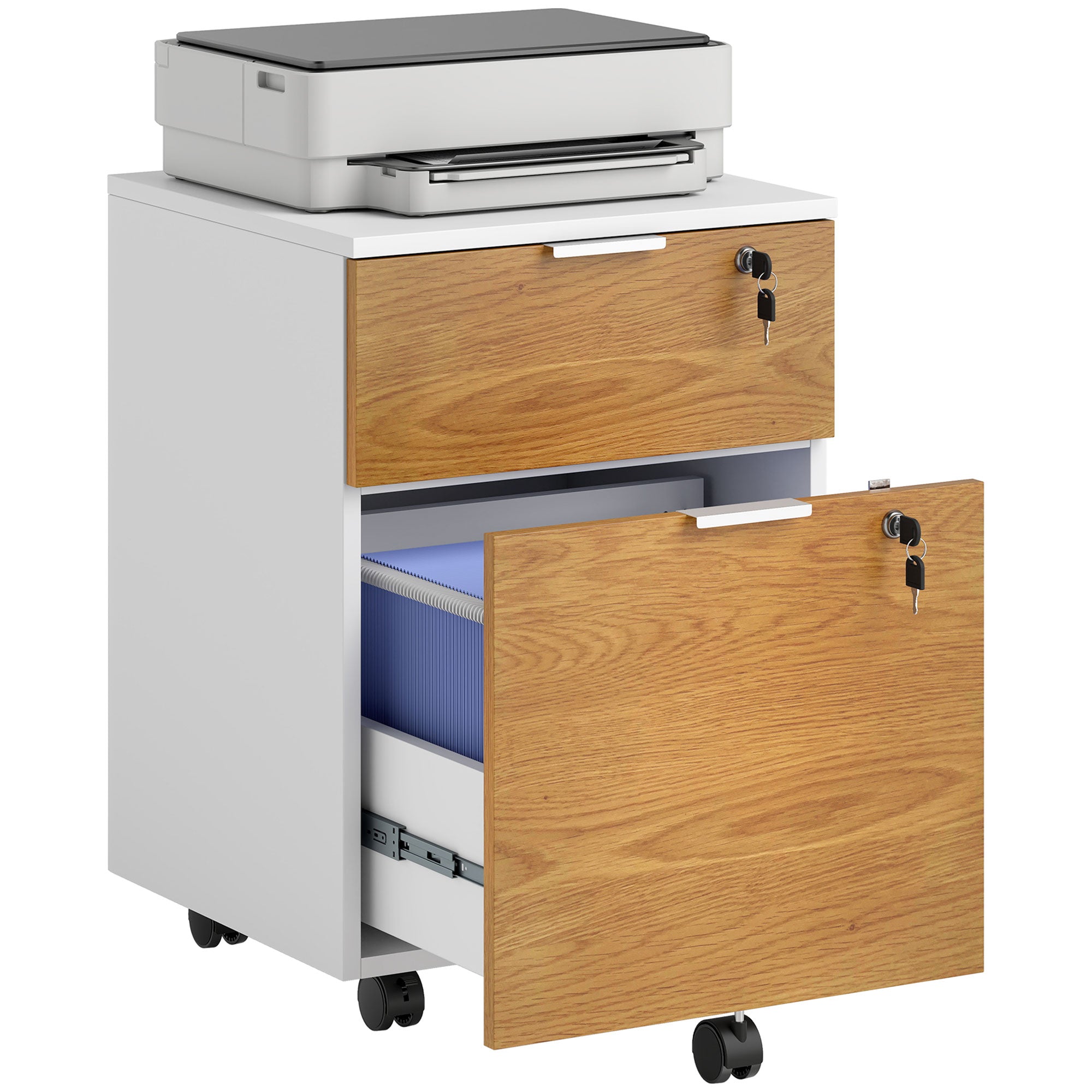 Office Drawer Unit Filing Cabinet Desk Drawer with 4 Wheels 2 Drawers 2 Hanging Bars Lock and 2 Keys for A4 Letter Size Study 42x40x60 cm White and Natural
