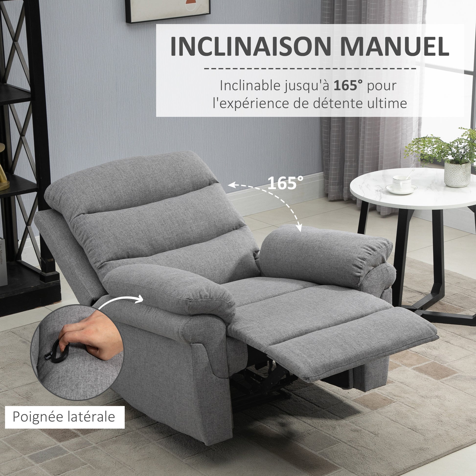 Manual Reclining Relaxation Chair with Adjustable Footrest Linen-Look Polyester Fabric Light Gray Chine