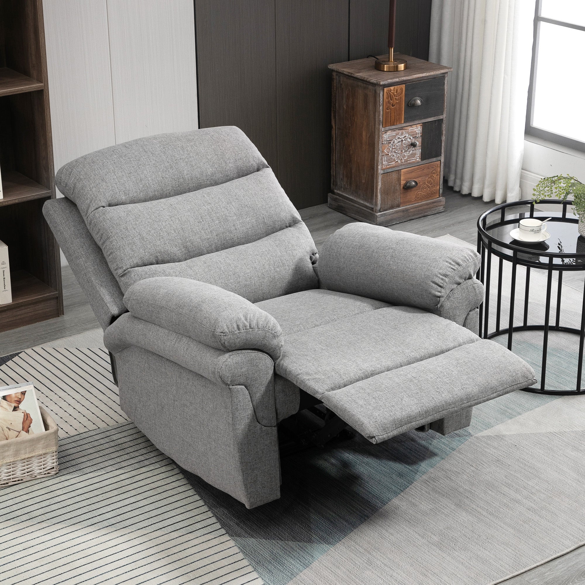 Manual Reclining Relaxation Chair with Adjustable Footrest Linen-Look Polyester Fabric Light Gray Chine