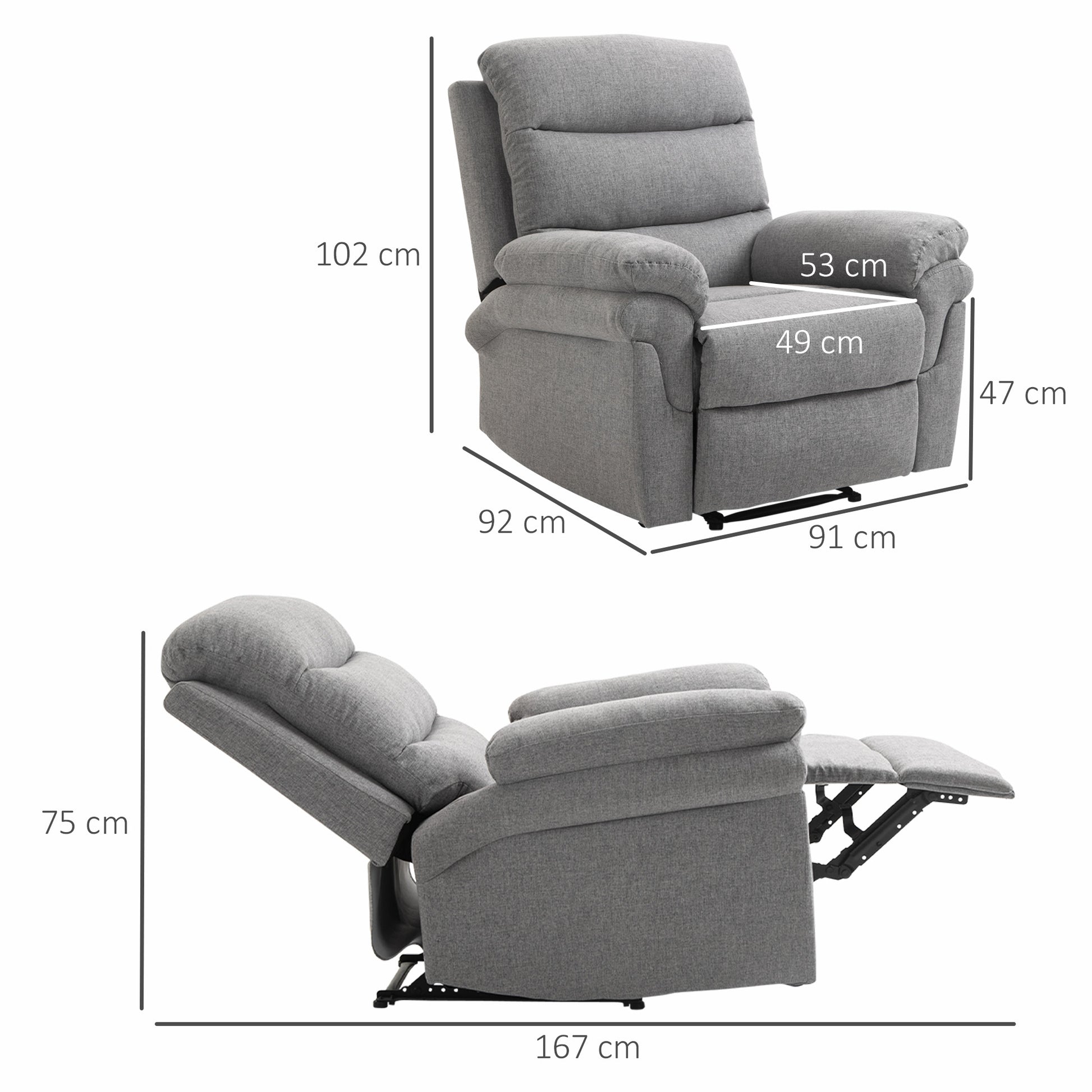 Manual Reclining Relaxation Chair with Adjustable Footrest Linen-Look Polyester Fabric Light Gray Chine