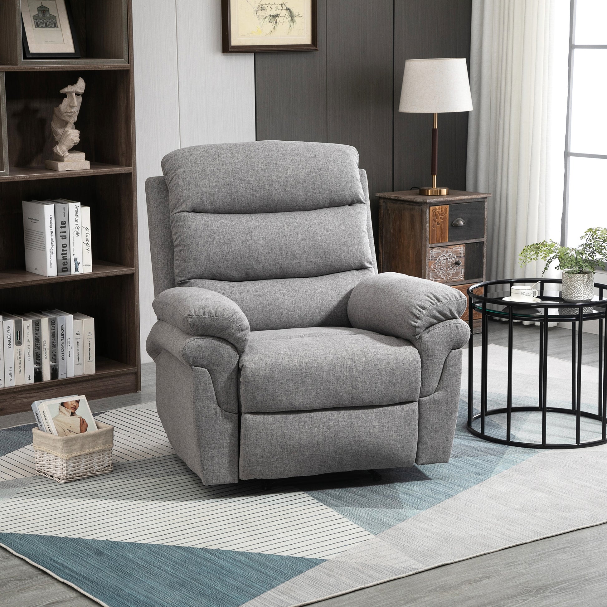 Manual Reclining Relaxation Chair with Adjustable Footrest Linen-Look Polyester Fabric Light Gray Chine
