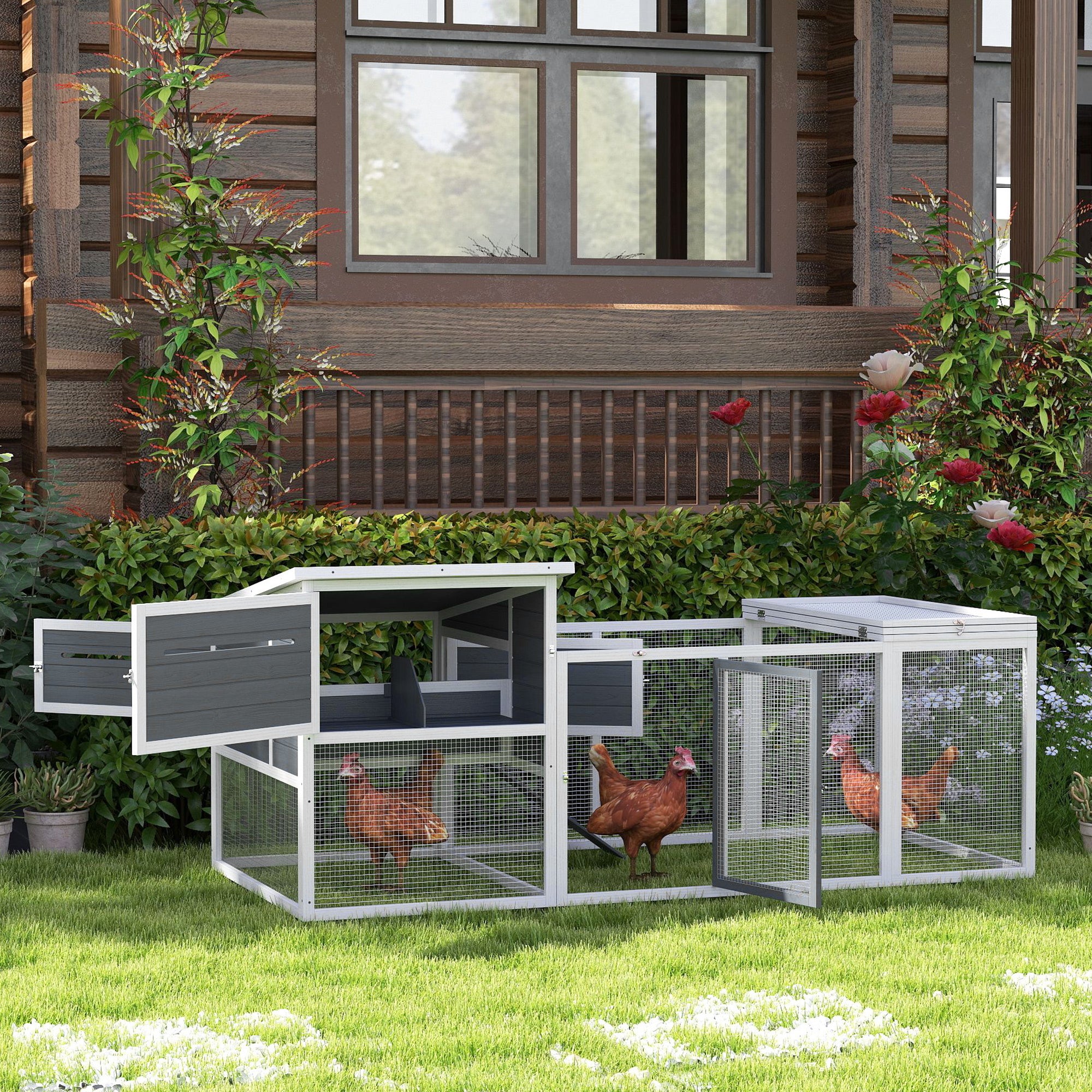 Outdoor Chicken Coop with House, Nesting Box, Waterproof Roof, Removable Tray and Doors, Cage Enclosure for 2-4 Chickens and Rabbits in Wood, 214x101x91.5cm, Gray