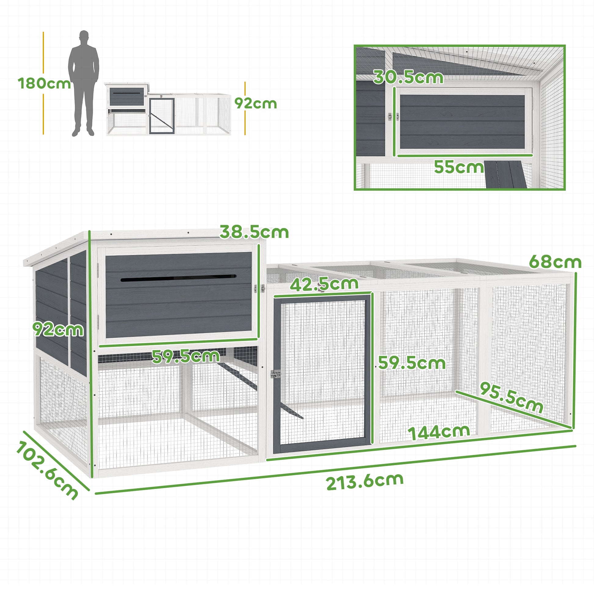 Outdoor Chicken Coop with House, Nesting Box, Waterproof Roof, Removable Tray and Doors, Cage Enclosure for 2-4 Chickens and Rabbits in Wood, 214x101x91.5cm, Gray