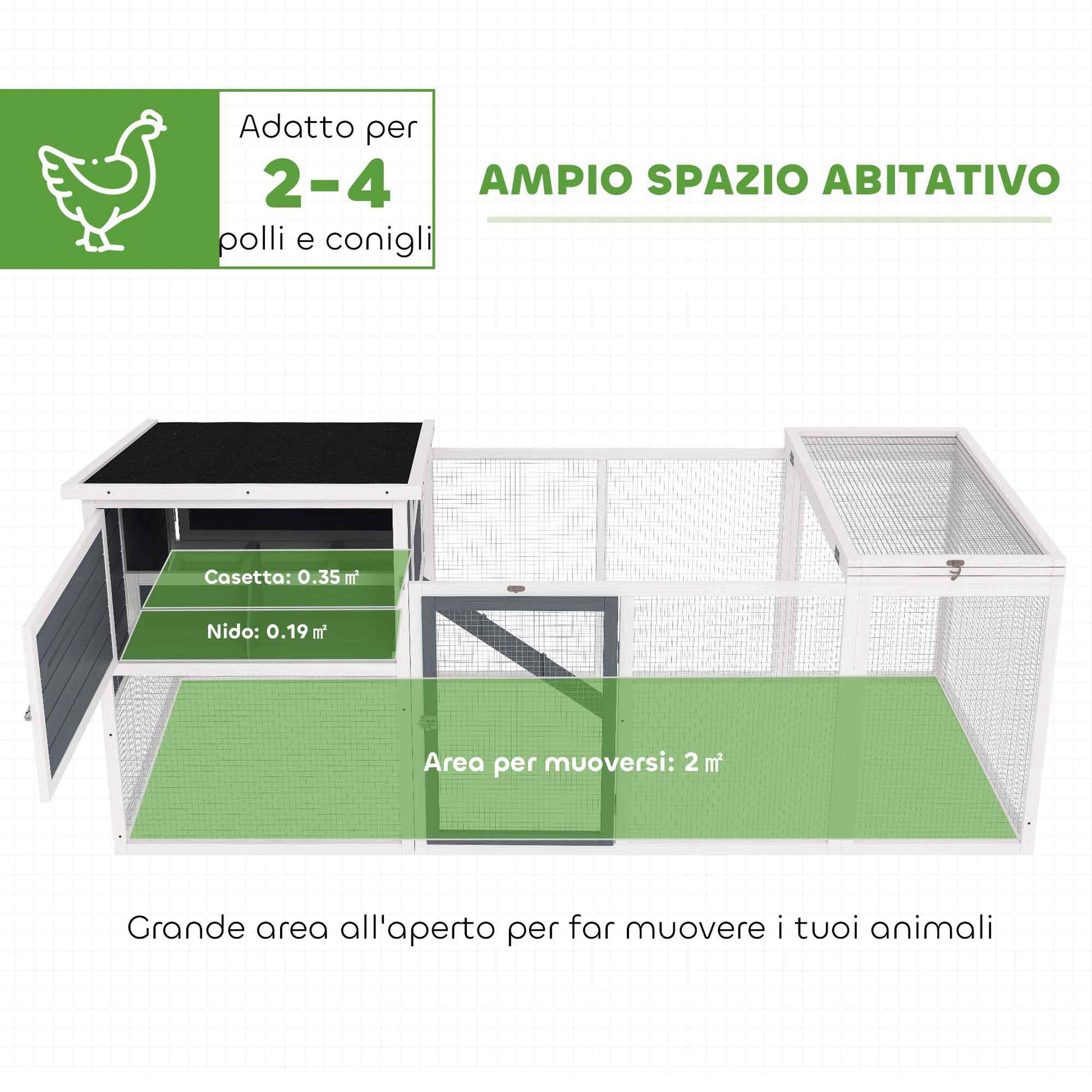Outdoor Chicken Coop with House, Nesting Box, Waterproof Roof, Removable Tray and Doors, Cage Enclosure for 2-4 Chickens and Rabbits in Wood, 214x101x91.5cm, Gray