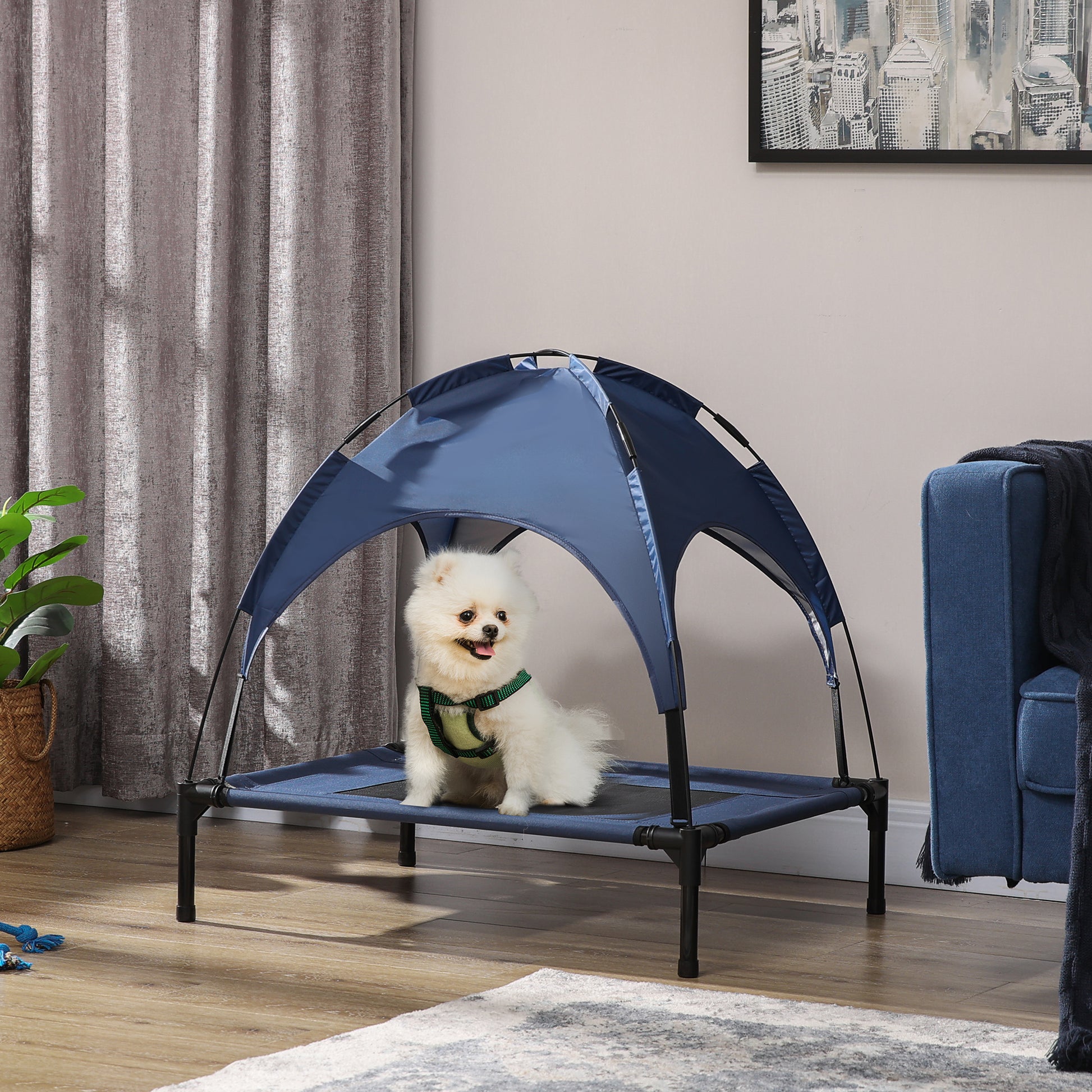 Elevated Dog Bed with Canopy, Pet Bed, Outdoor Dog Lounge with Roof, Breathable, Taft Fabric for Camping Dark Blue 76 x 61 x 73 cm