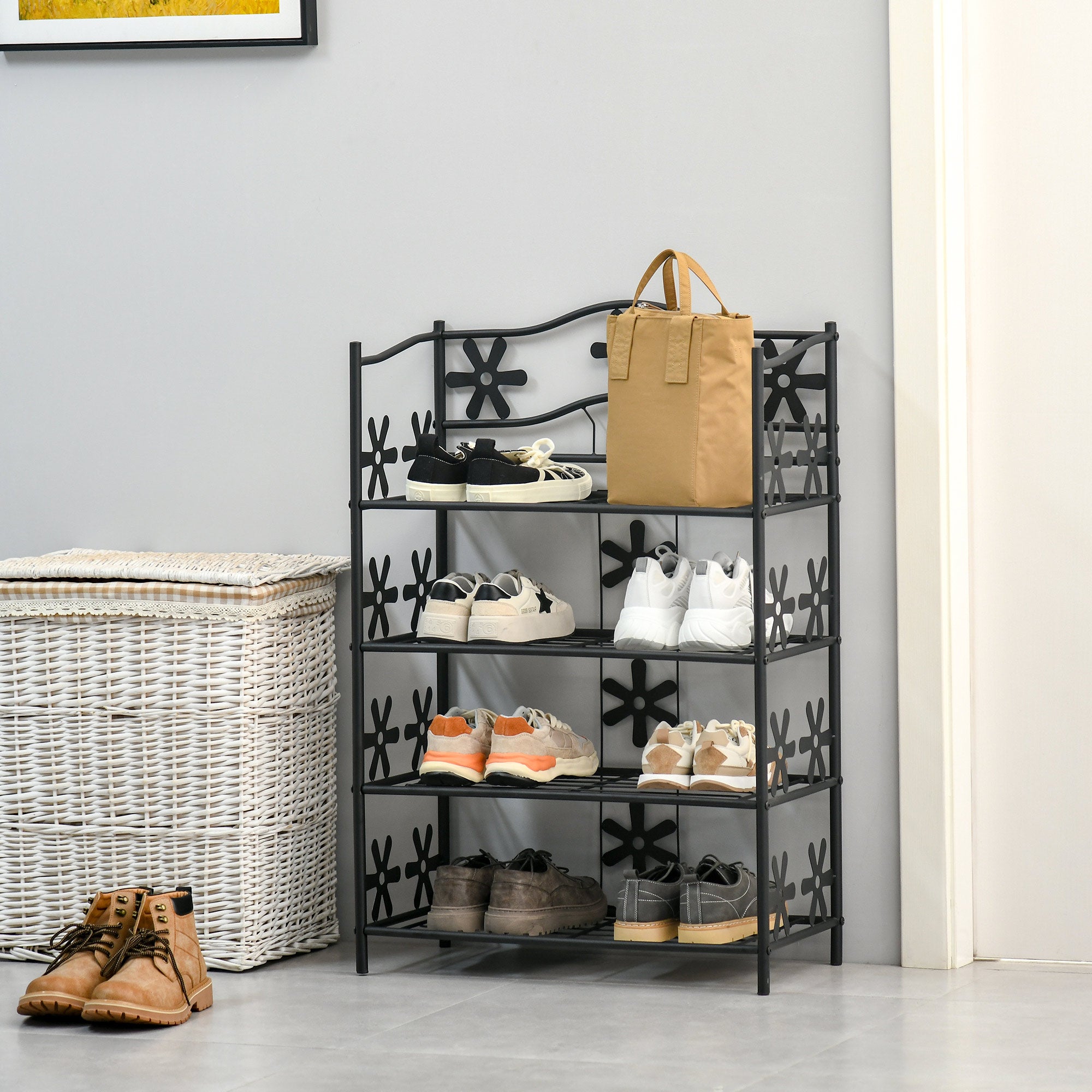 Shoe Rack, Plant Rack, Flower Rack, Shelving Unit, Stand, 4 Levels, Metal, 59.5 x 30 x 92 cm, Black