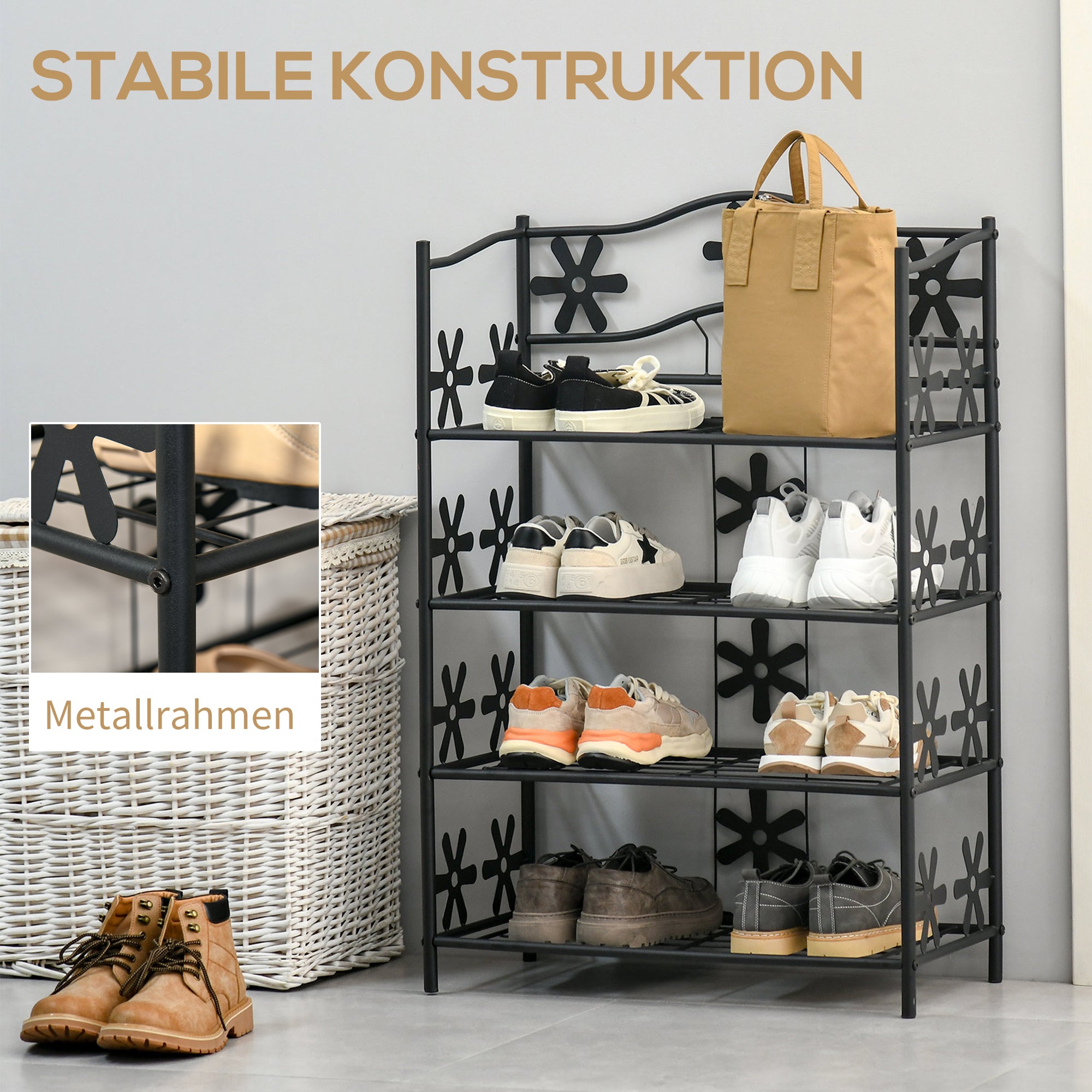 Shoe Rack, Plant Rack, Flower Rack, Shelving Unit, Stand, 4 Levels, Metal, 59.5 x 30 x 92 cm, Black