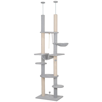 Floor-to-Ceiling Cat Tree 225-255 cm 7-Level Cat Scratcher Tower with Hammocks Platforms Rope Toy Ball Toy Gray