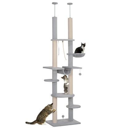 Floor-to-Ceiling Cat Tree 225-255 cm 7-Level Cat Scratcher Tower with Hammocks Platforms Rope Toy Ball Toy Gray