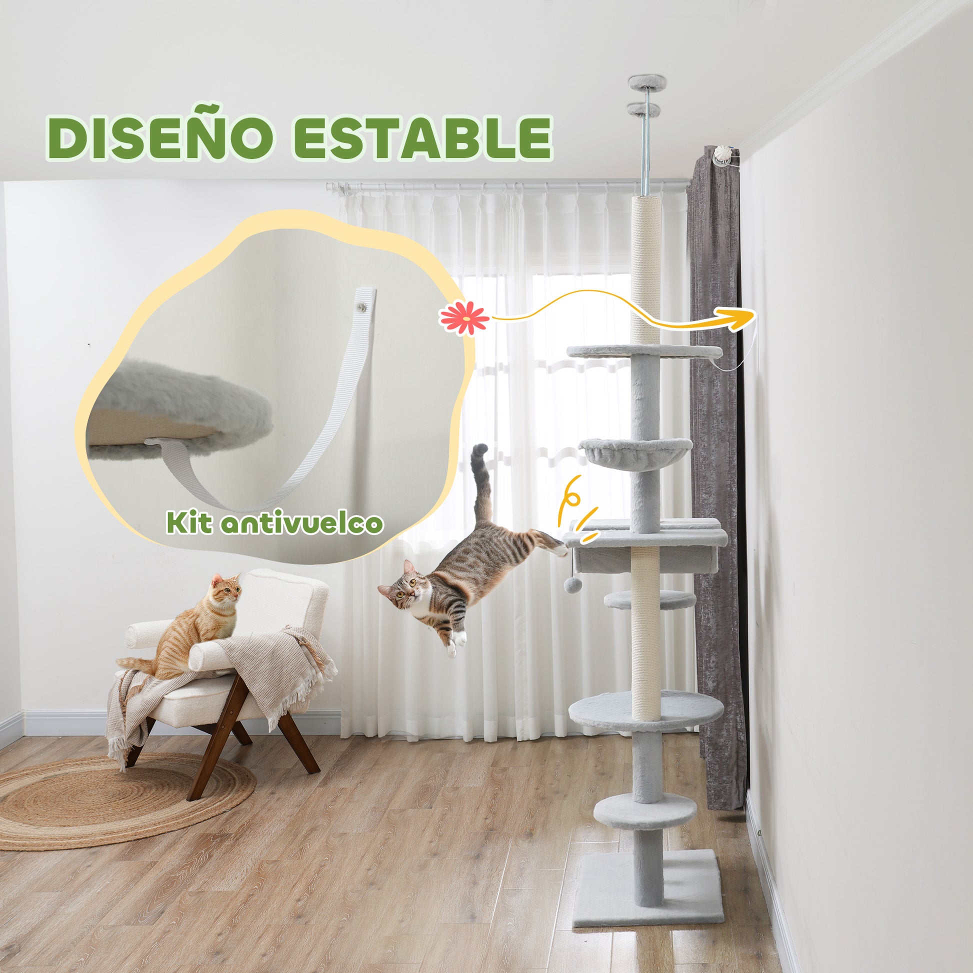 Floor-to-Ceiling Cat Tree 225-255 cm 7-Level Cat Scratcher Tower with Hammocks Platforms Rope Toy Ball Toy Gray