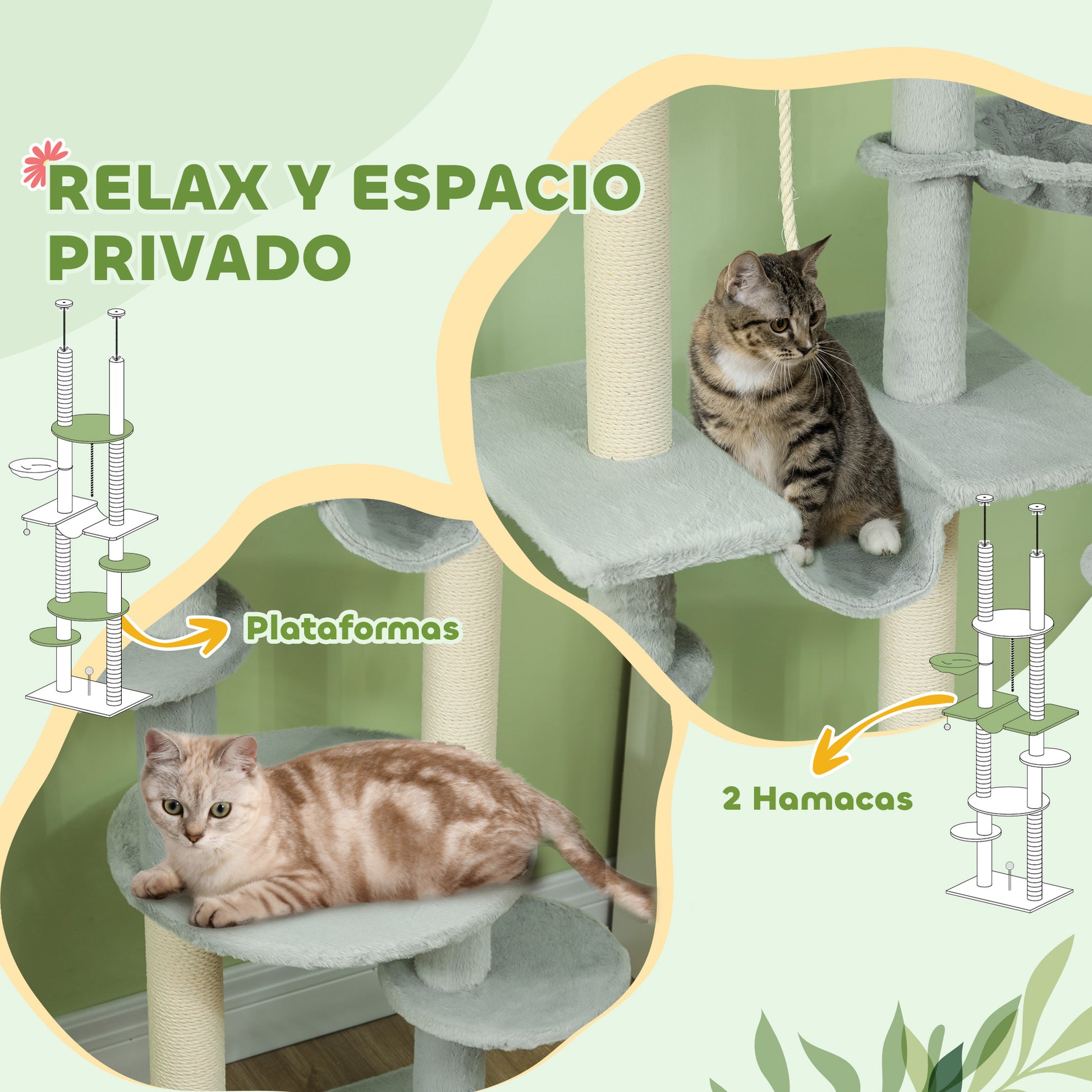 Floor-to-Ceiling Cat Tree 225-255 cm 7-Level Cat Scratcher Tower with Hammocks Platforms Rope Toy Ball Toy Gray
