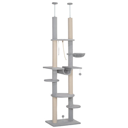 Floor-to-Ceiling Cat Tree 225-255 cm 7-Level Cat Scratcher Tower with Hammocks Platforms Rope Toy Ball Toy Gray