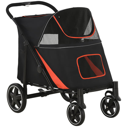 Foldable Big and Medium Dog Stroller One-Click 4 Wheels with Zipper Entrances and Mesh Windows, Steel and Oxford Pet Stroller, 112x65x100 cm, Black